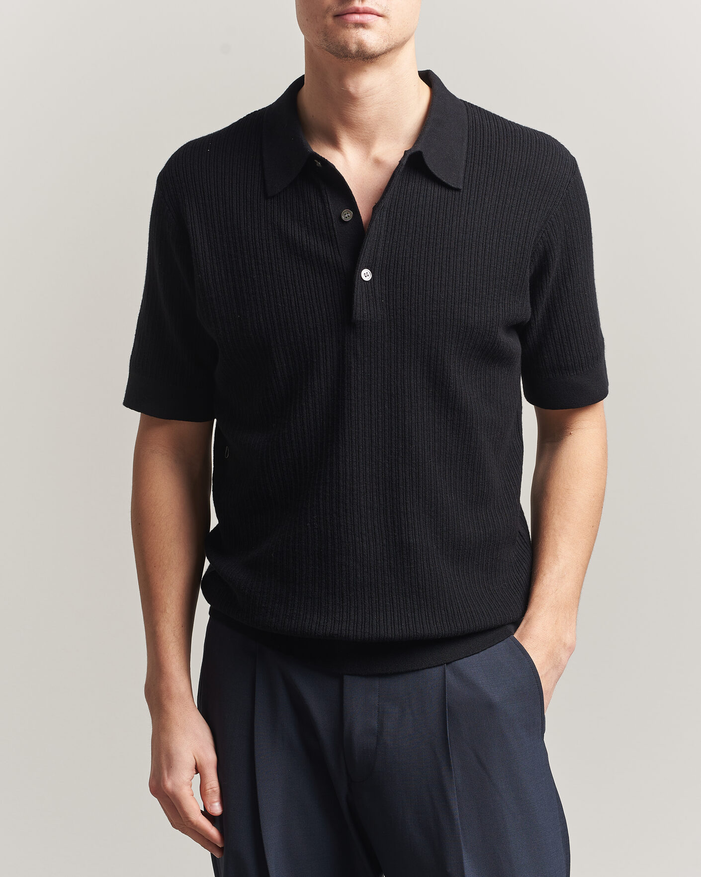 Homme | Polos | A Day's March | Aspen Structured Knitted Polo Black