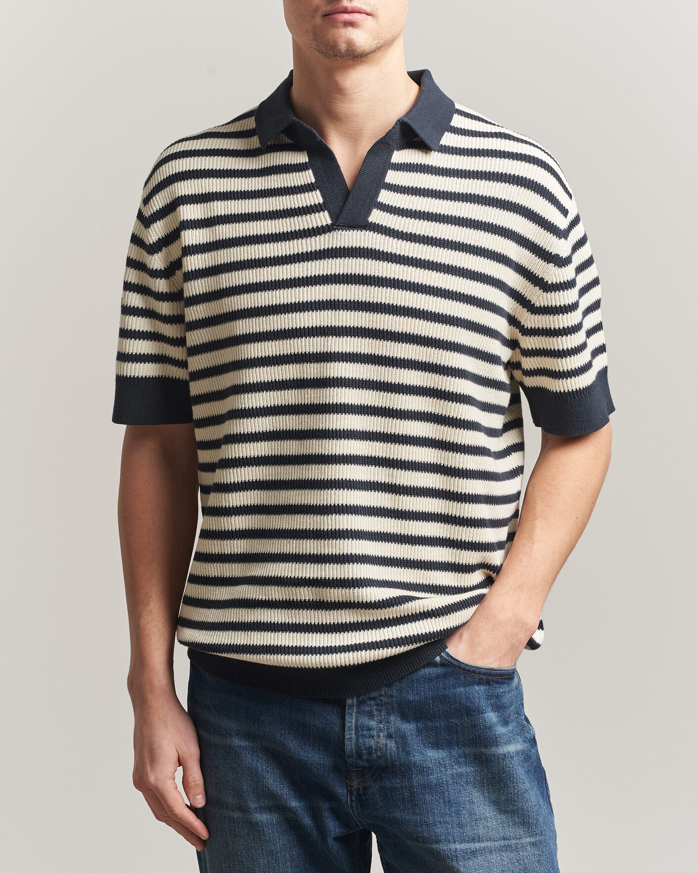 Homme | Polos | A Day's March | Jeremy Striped Knitted Polo Off White/Navy