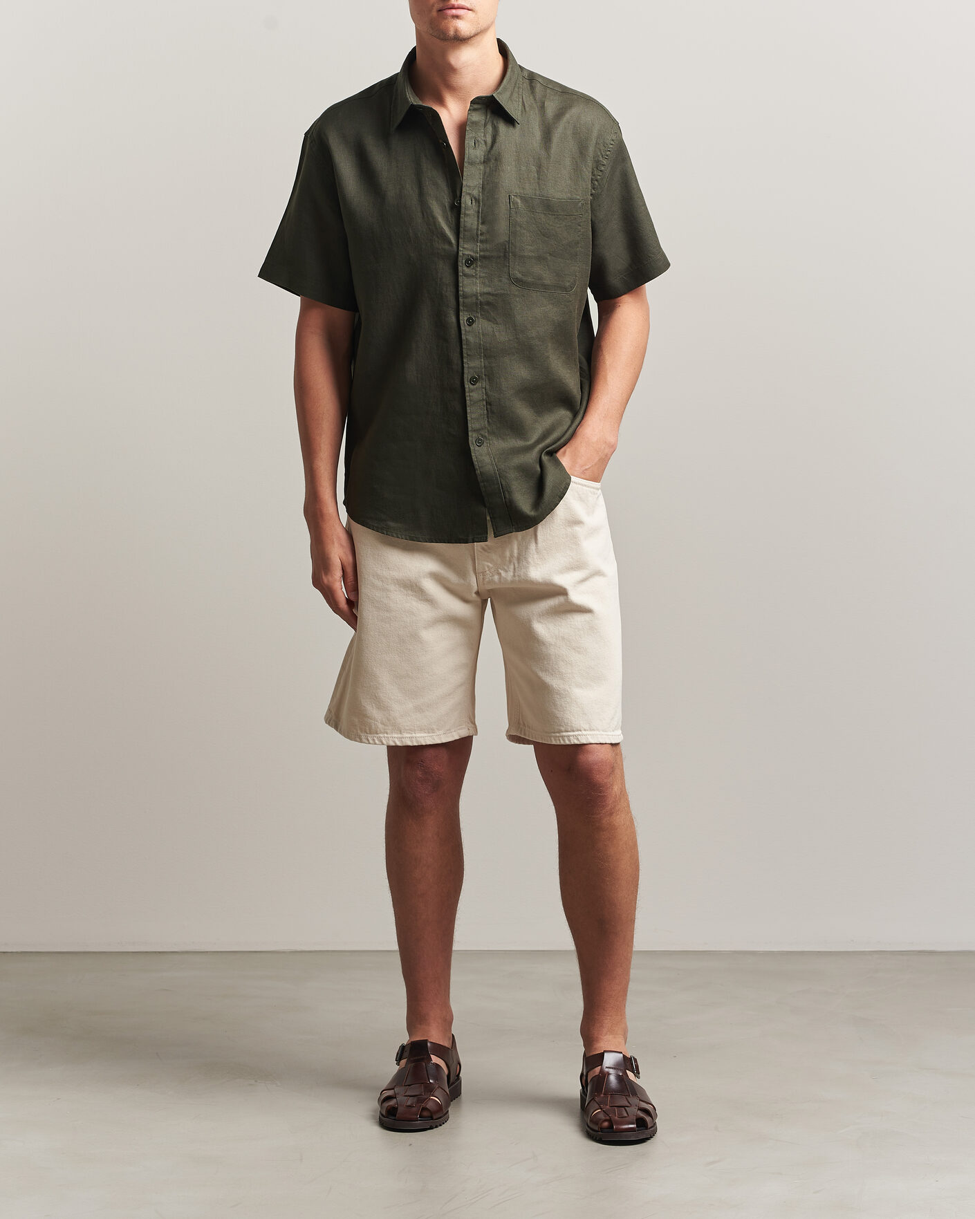 Homme | Chemises | NN07 | Deon Linen Short Sleeve Shirt Dark Army