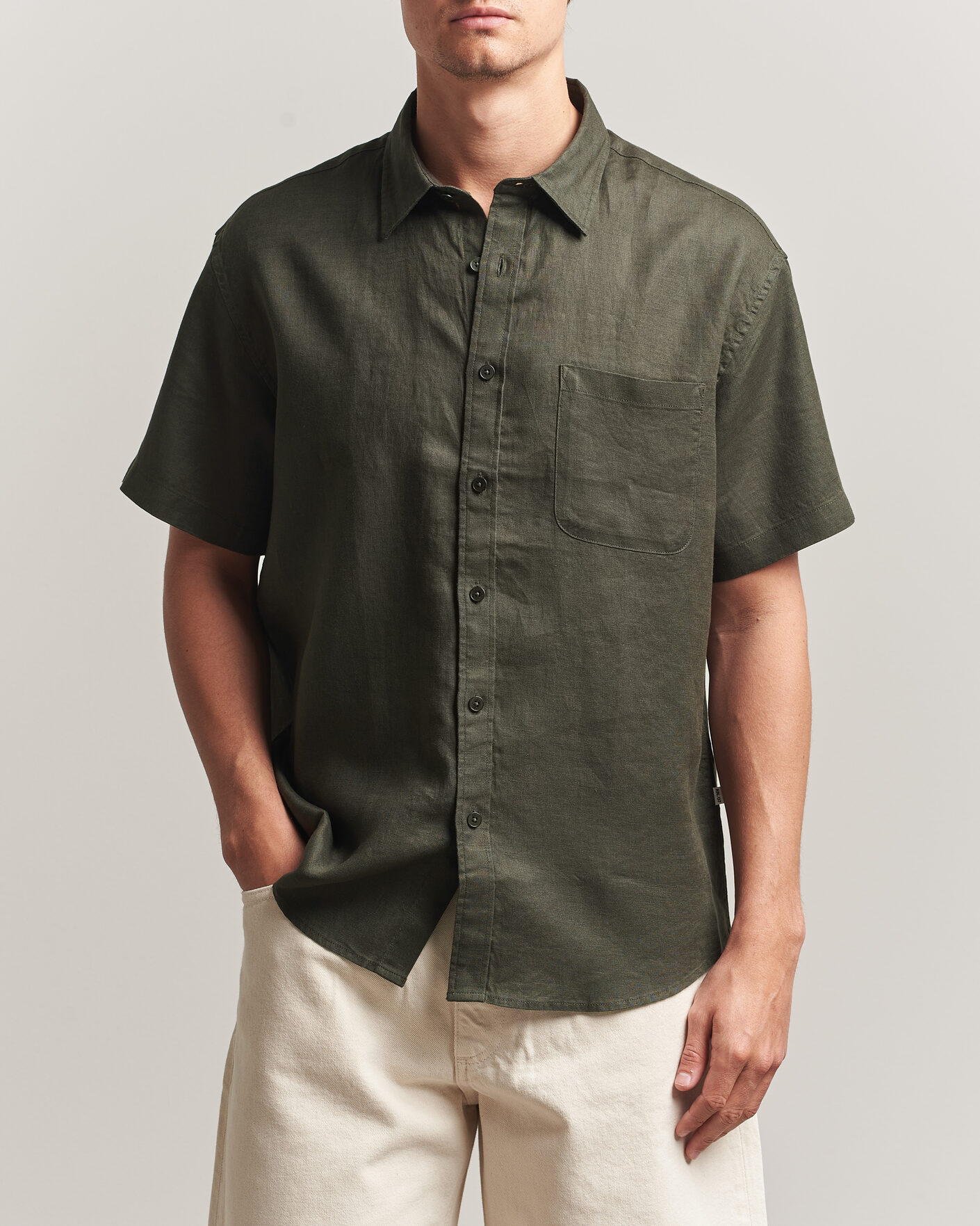 Homme | Chemises | NN07 | Deon Linen Short Sleeve Shirt Dark Army
