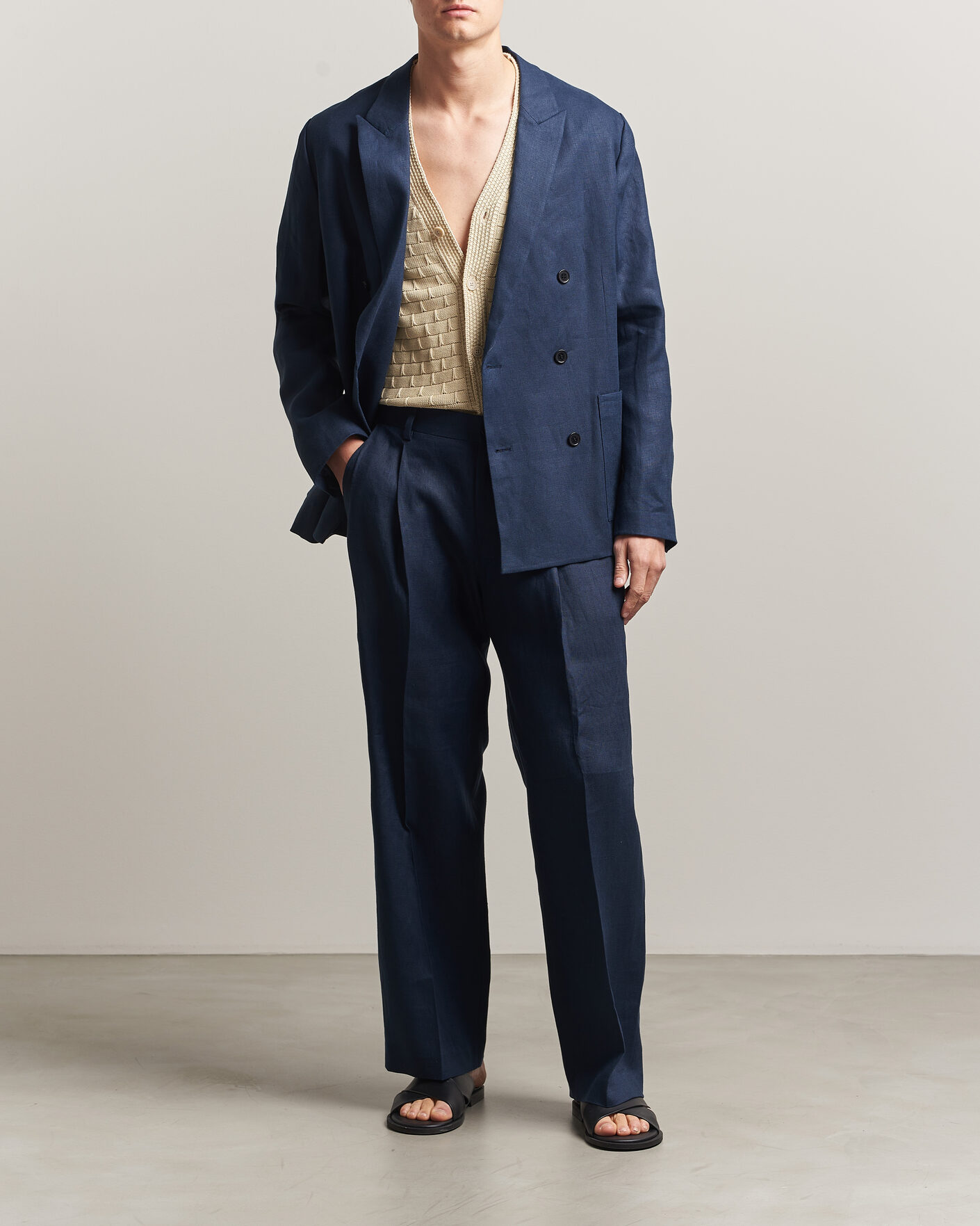 Homme | Pantalons | NN07 | Justin Linen Double Pleated Trousers Navy Blue