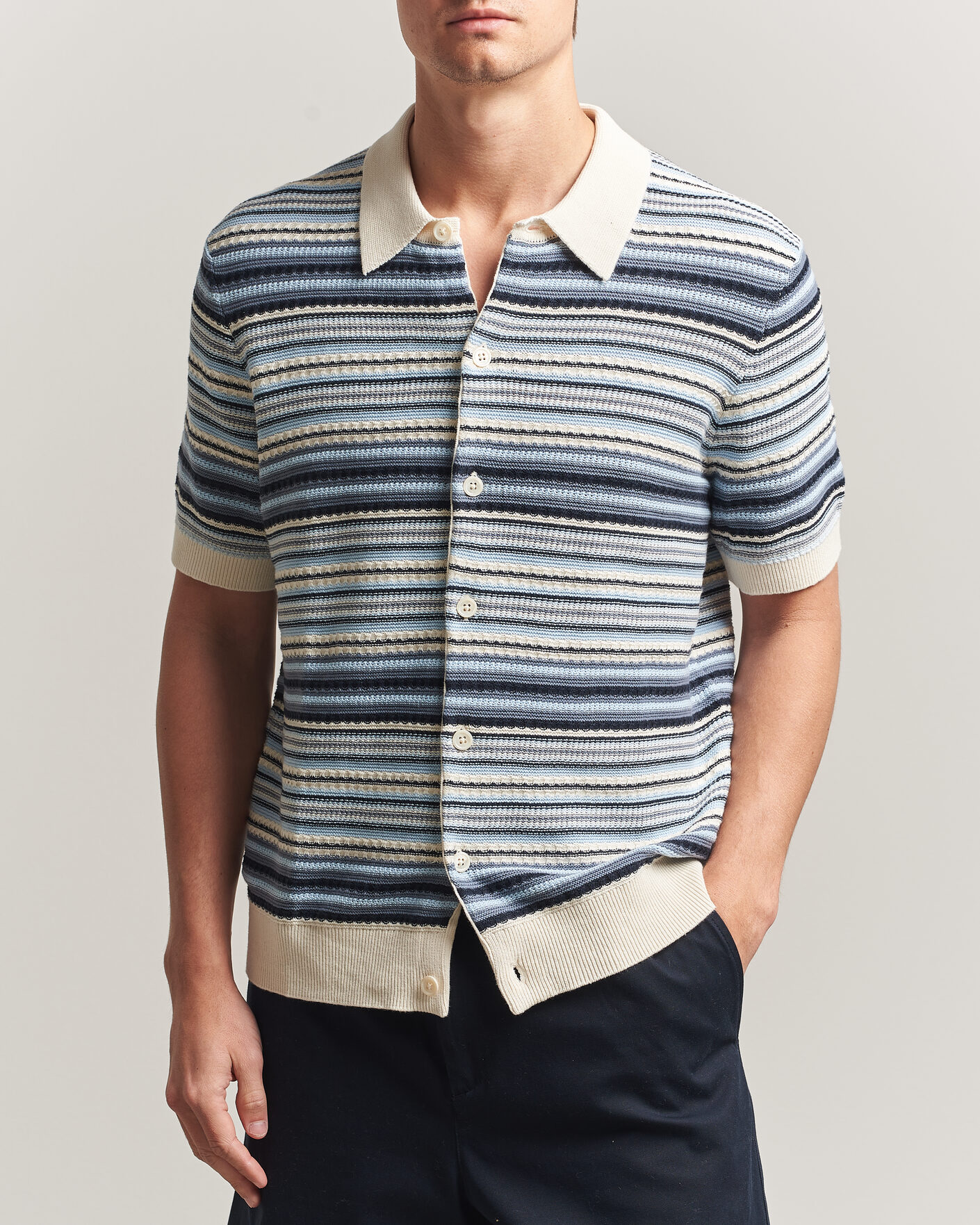Homme | Chemises | NN07 | Nolan Striped Knitted Short Sleeve Shirt Navy Multi