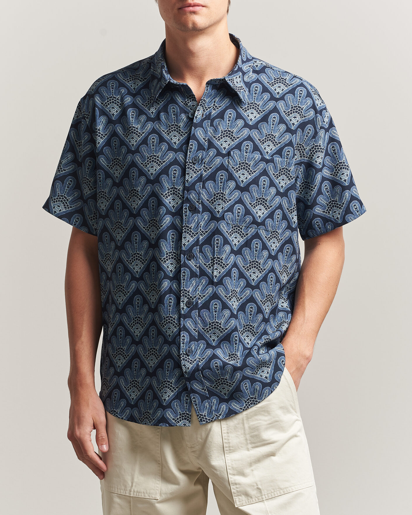 Homme | Chemises | NN07 | Deon Printed Short Sleeve Shirt Navy Blue