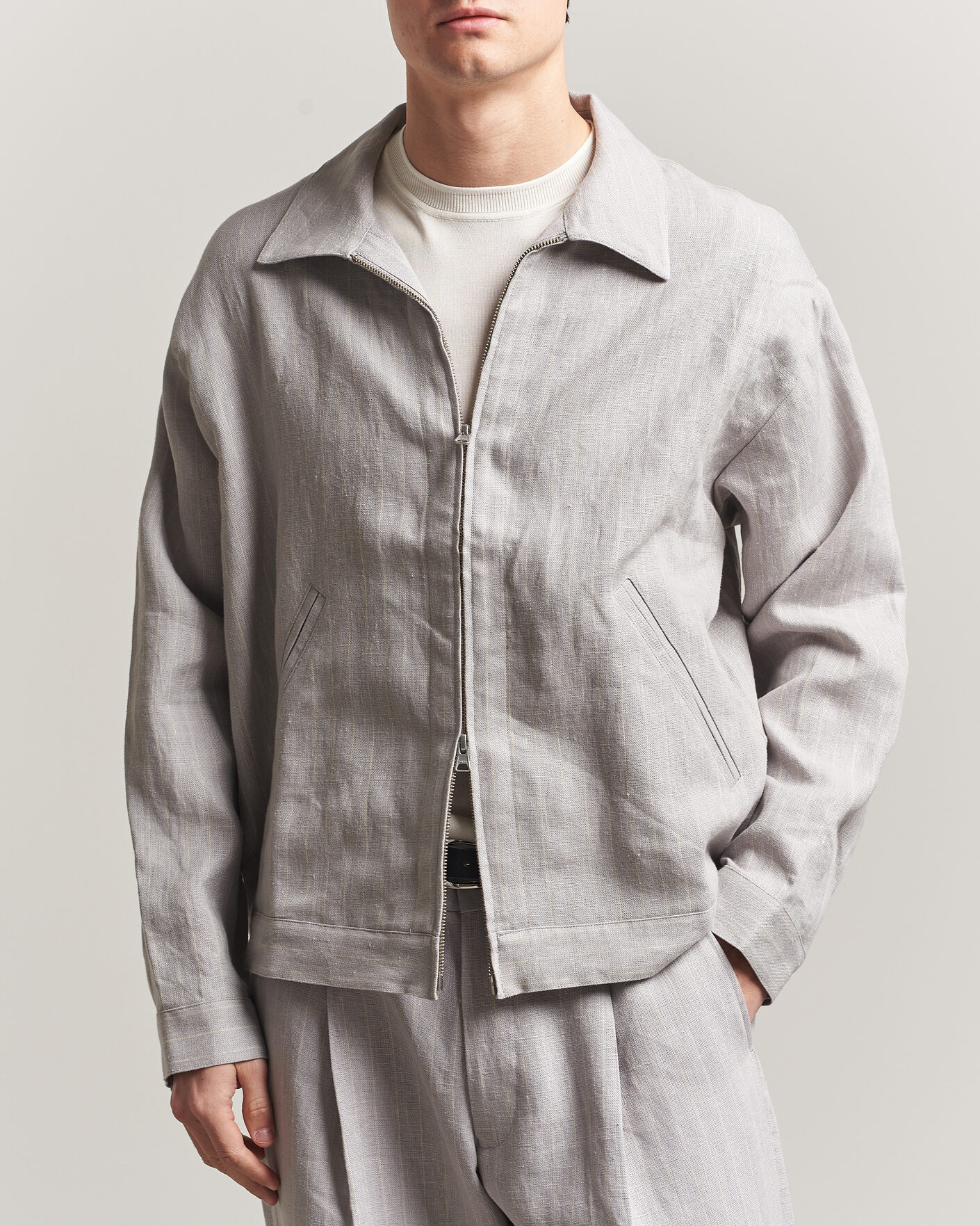 Homme | Chemises | NN07 | Petrus Pinstriped Linen Full Zip Overshirt Grey