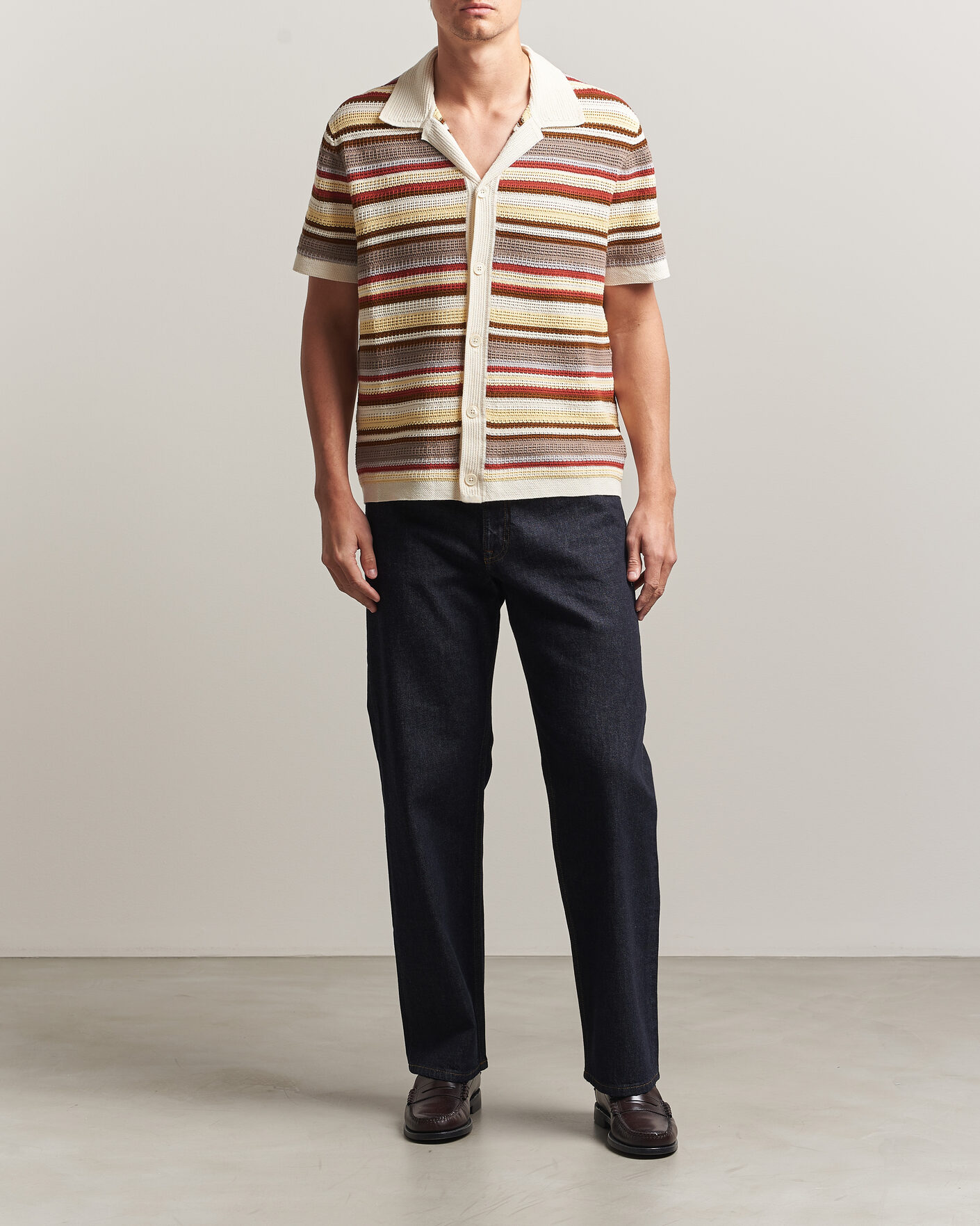 Homme | Chemises | NN07 | Lars Striped Knitted Short Sleeve Shirt Ivory Multi