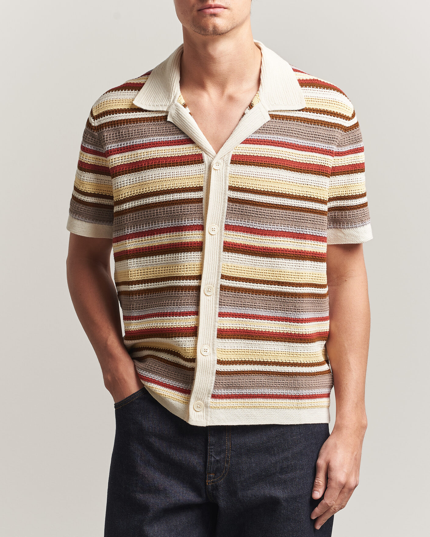 Homme | Chemises | NN07 | Lars Striped Knitted Short Sleeve Shirt Ivory Multi