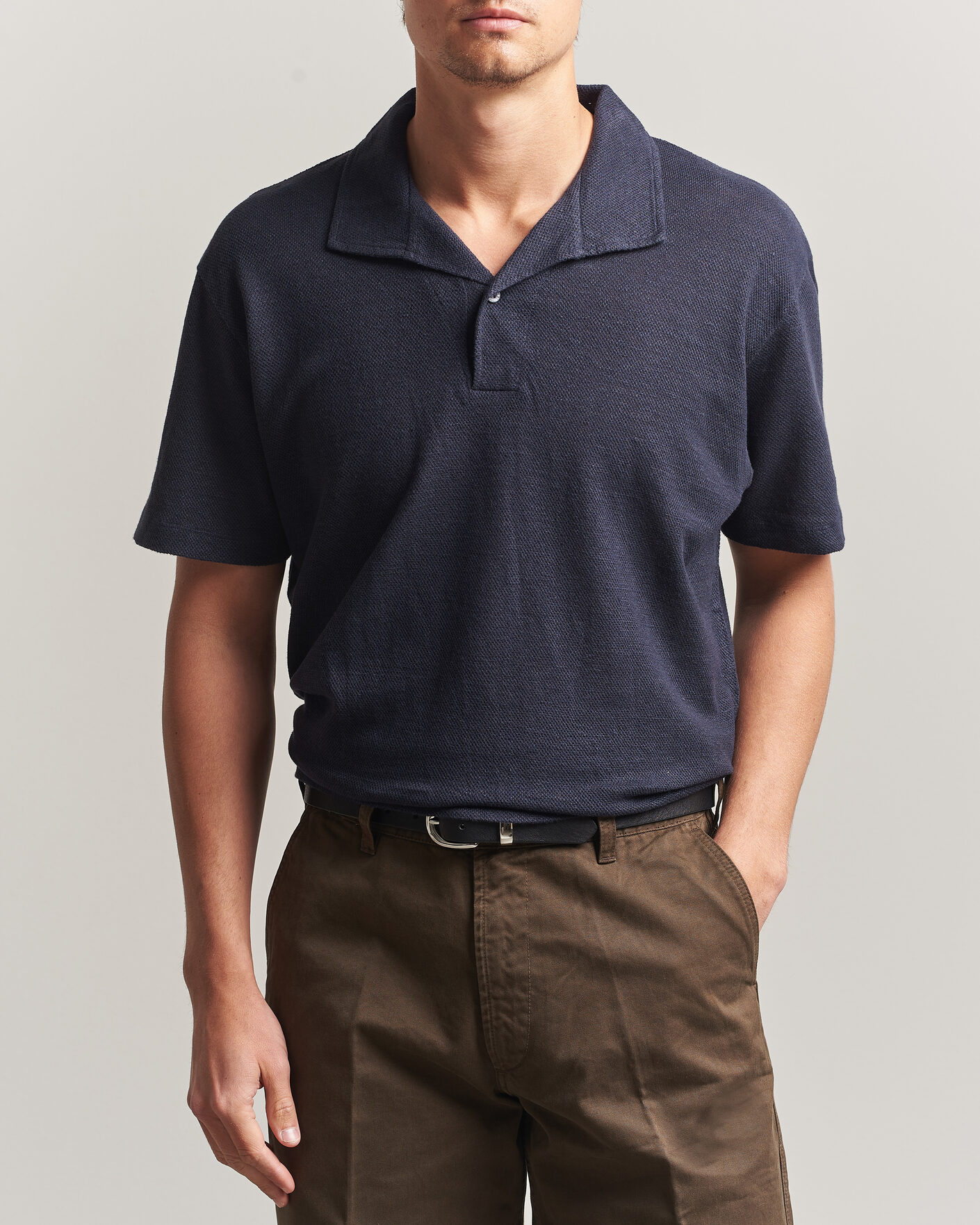 Homme | Polos | Sunspel | Cotton/Linen Pique Polo Navy