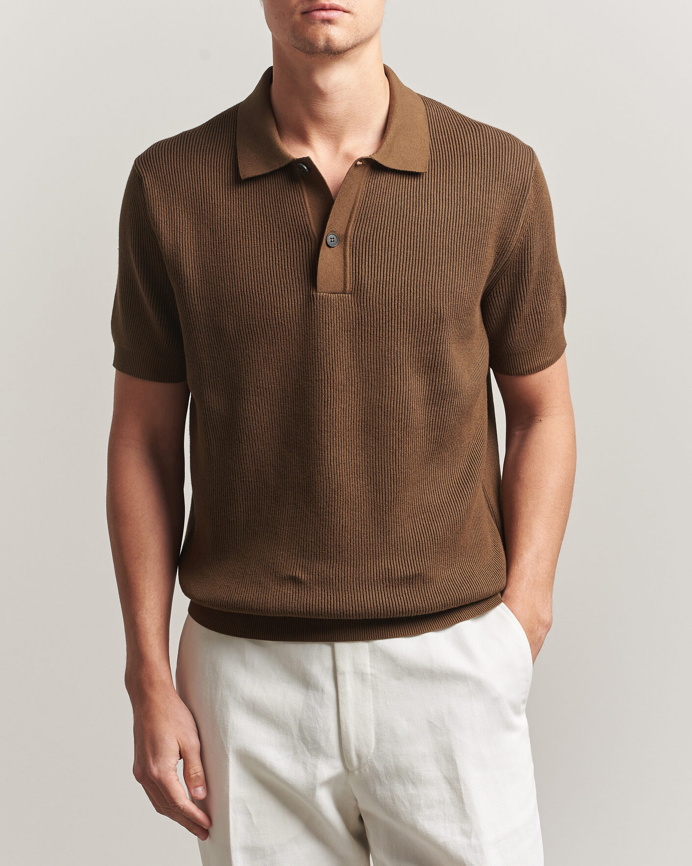 Homme | Polos | Sunspel | Knitted Cotton Rib Polo Bronze