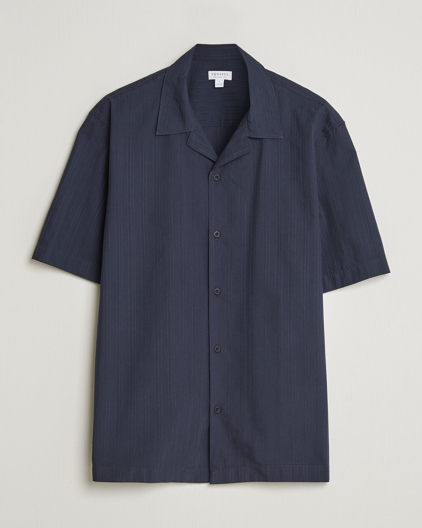 Homme | Chemises | Sunspel | Short Sleeve Textured Stripe Shirt Navy