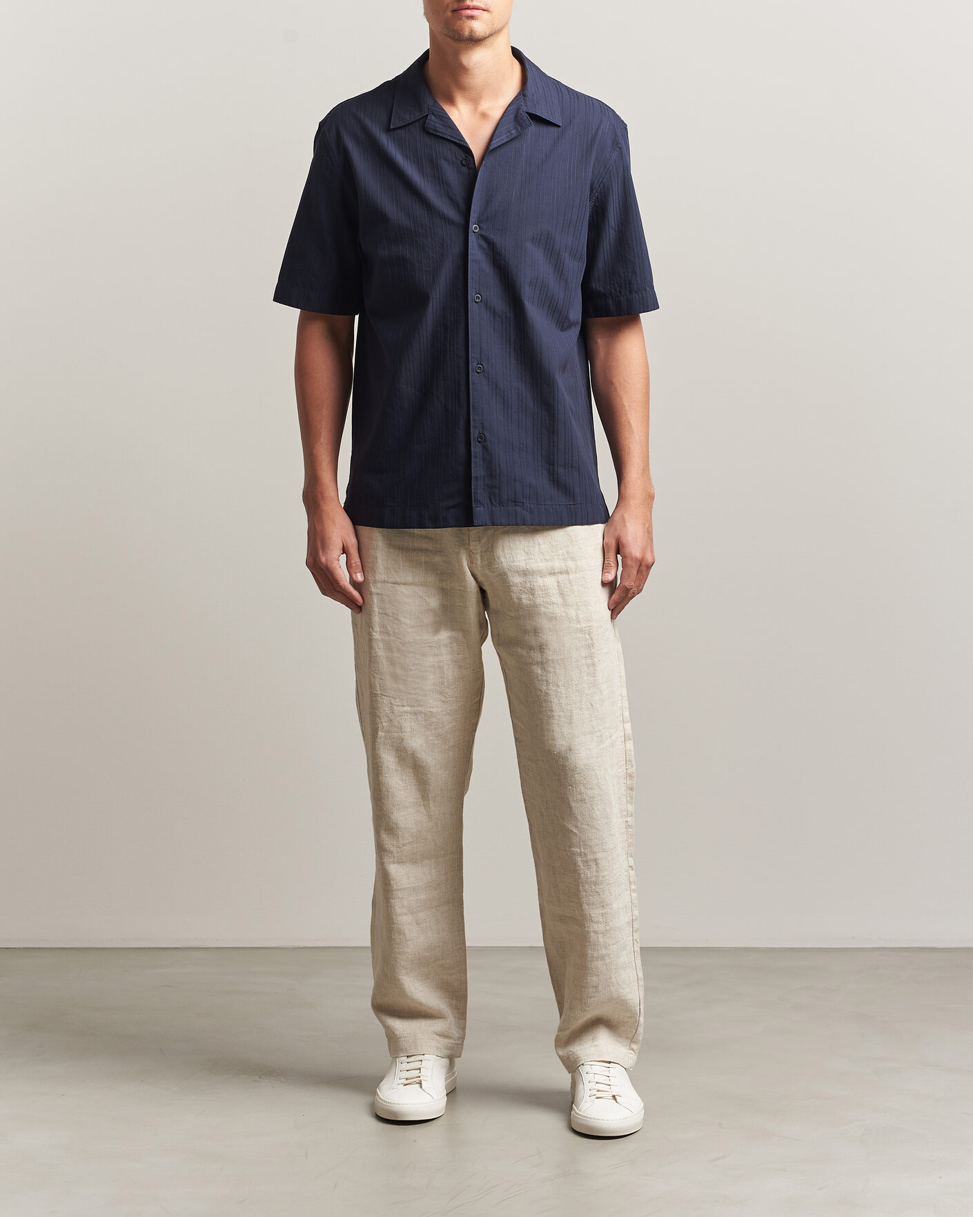 Homme | Chemises | Sunspel | Short Sleeve Textured Stripe Shirt Navy