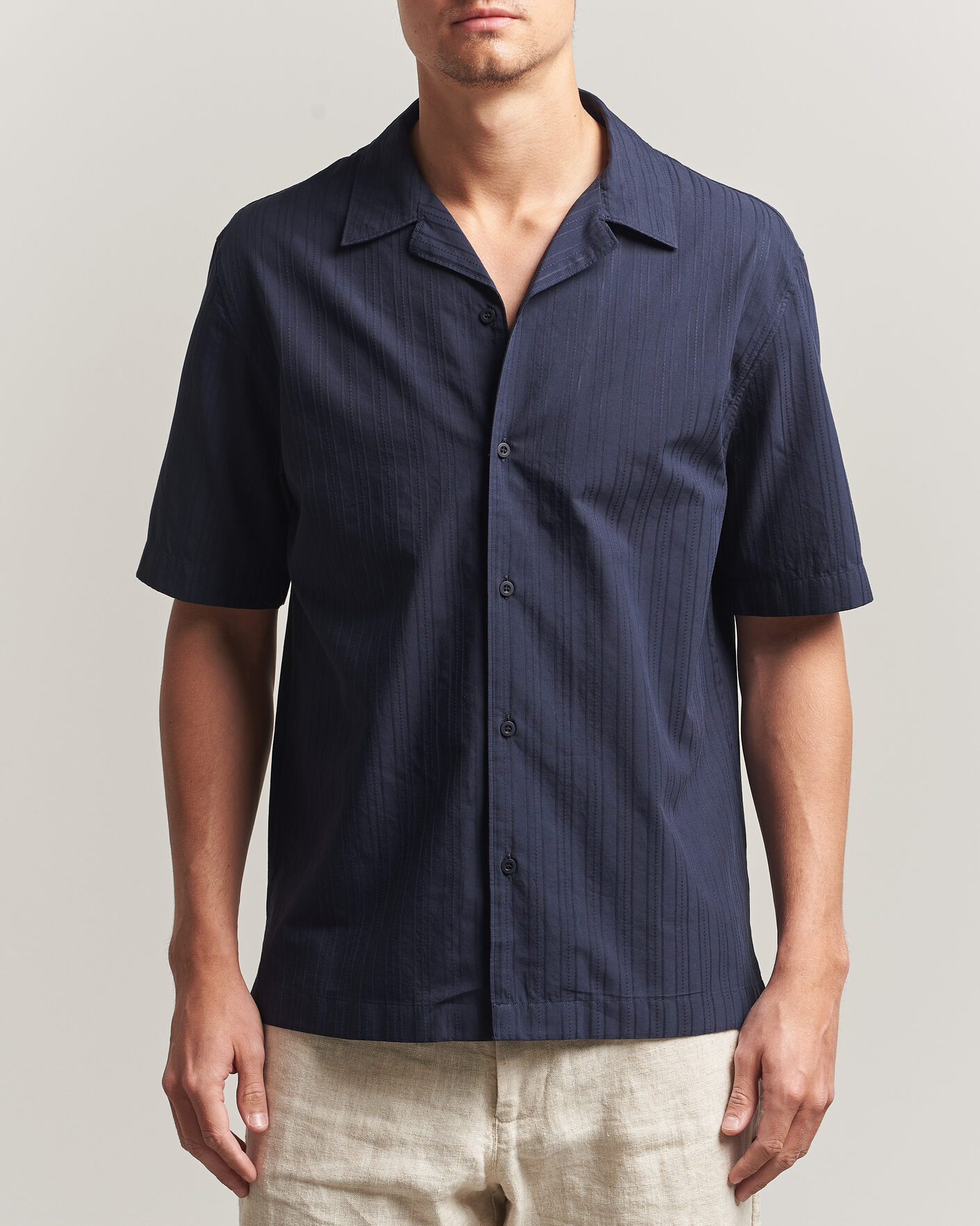 Homme | Chemises | Sunspel | Short Sleeve Textured Stripe Shirt Navy