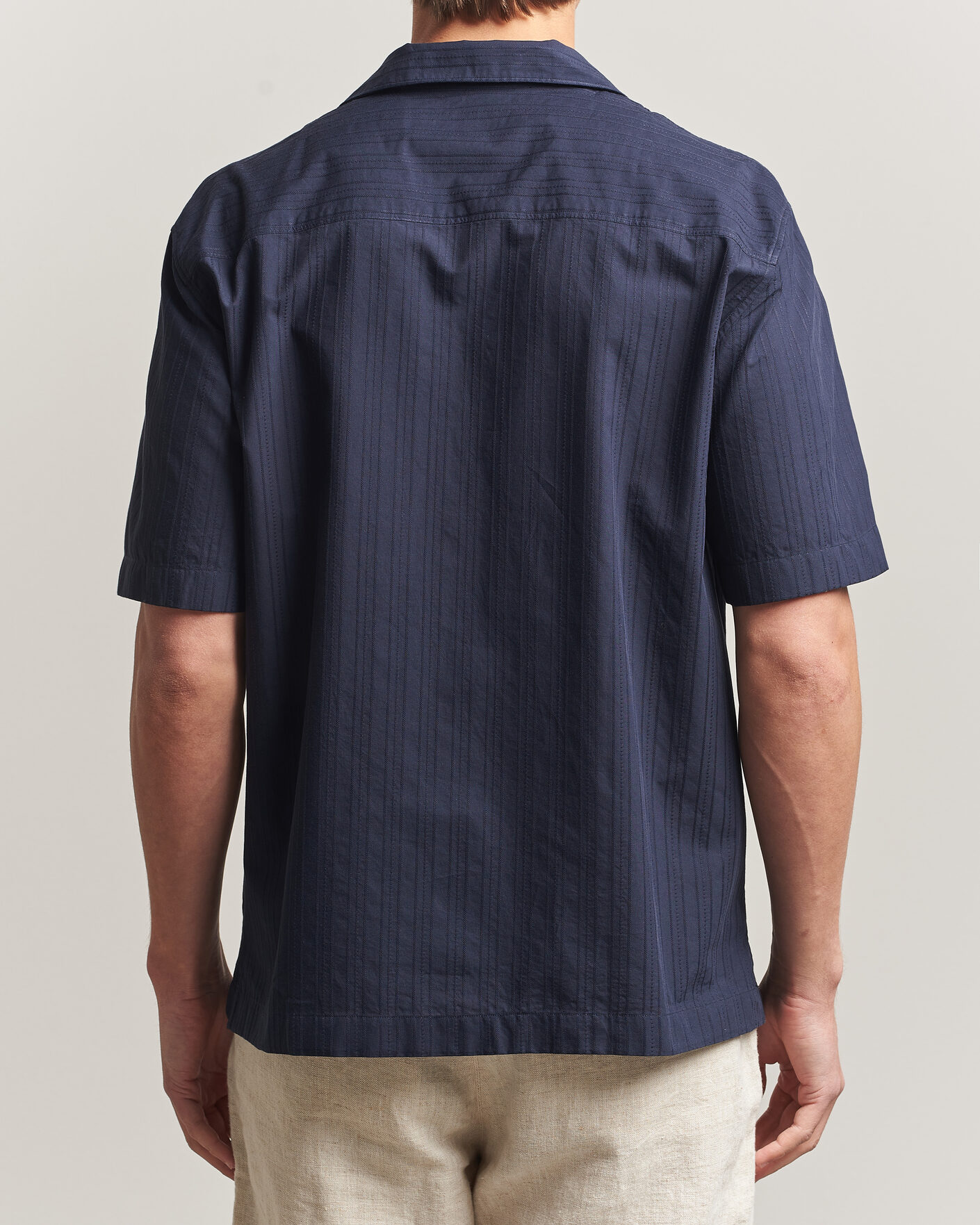 Homme | Chemises | Sunspel | Short Sleeve Textured Stripe Shirt Navy