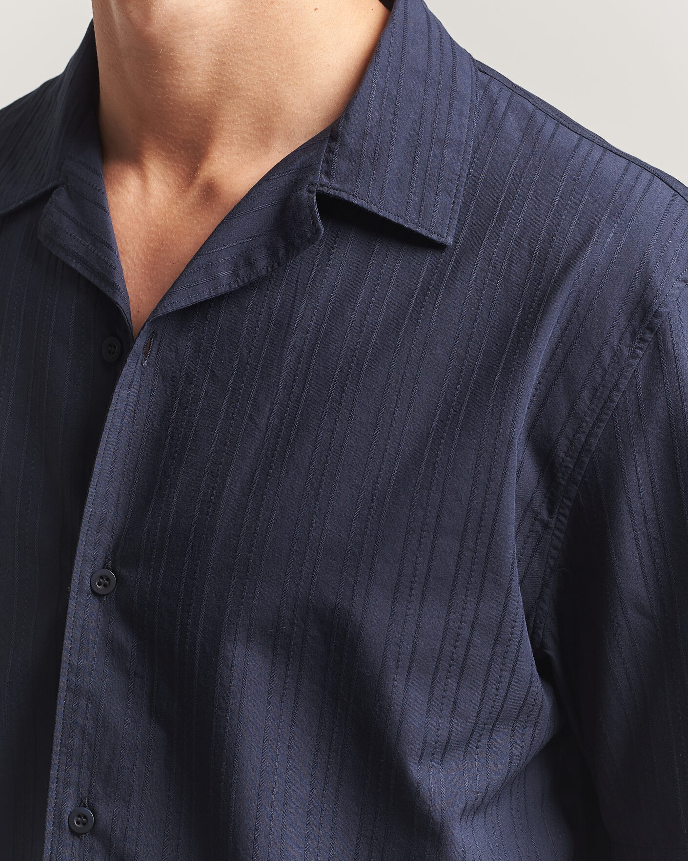Homme | Chemises | Sunspel | Short Sleeve Textured Stripe Shirt Navy