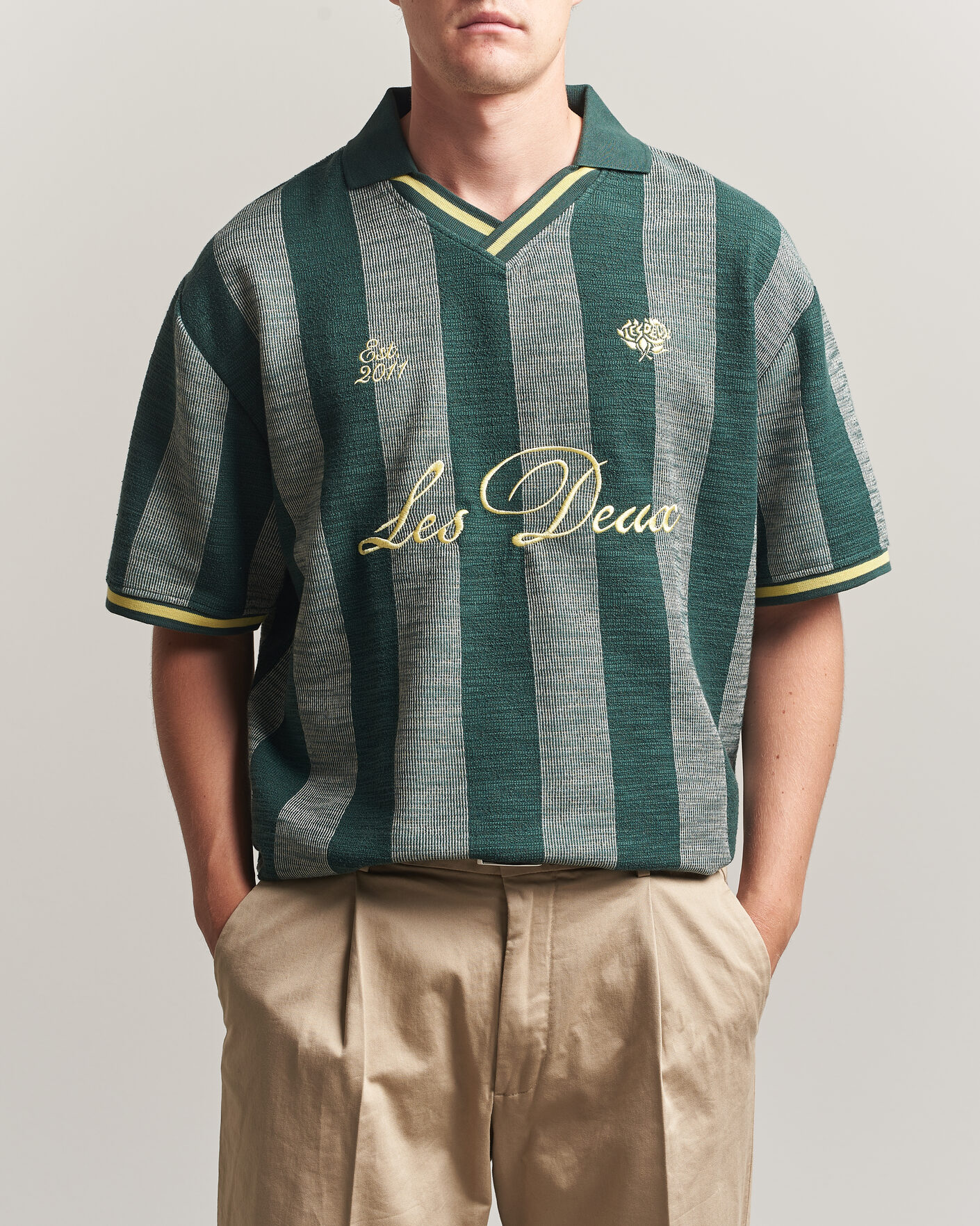 Homme | Polos | LES DEUX | Stripe Jacquard Football Jersey Pine Green