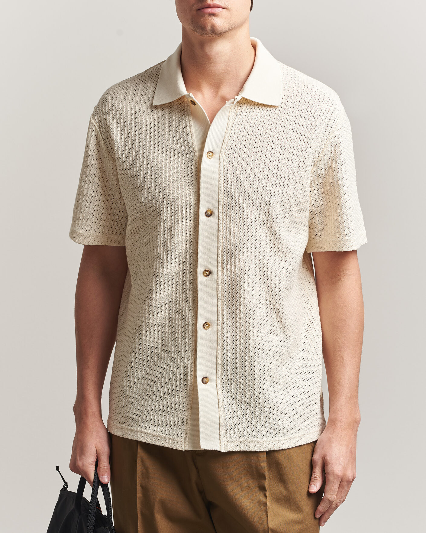 Homme | Chemises | LES DEUX | Pointelle Short Sleeve Knitted Shirt Eggnog White