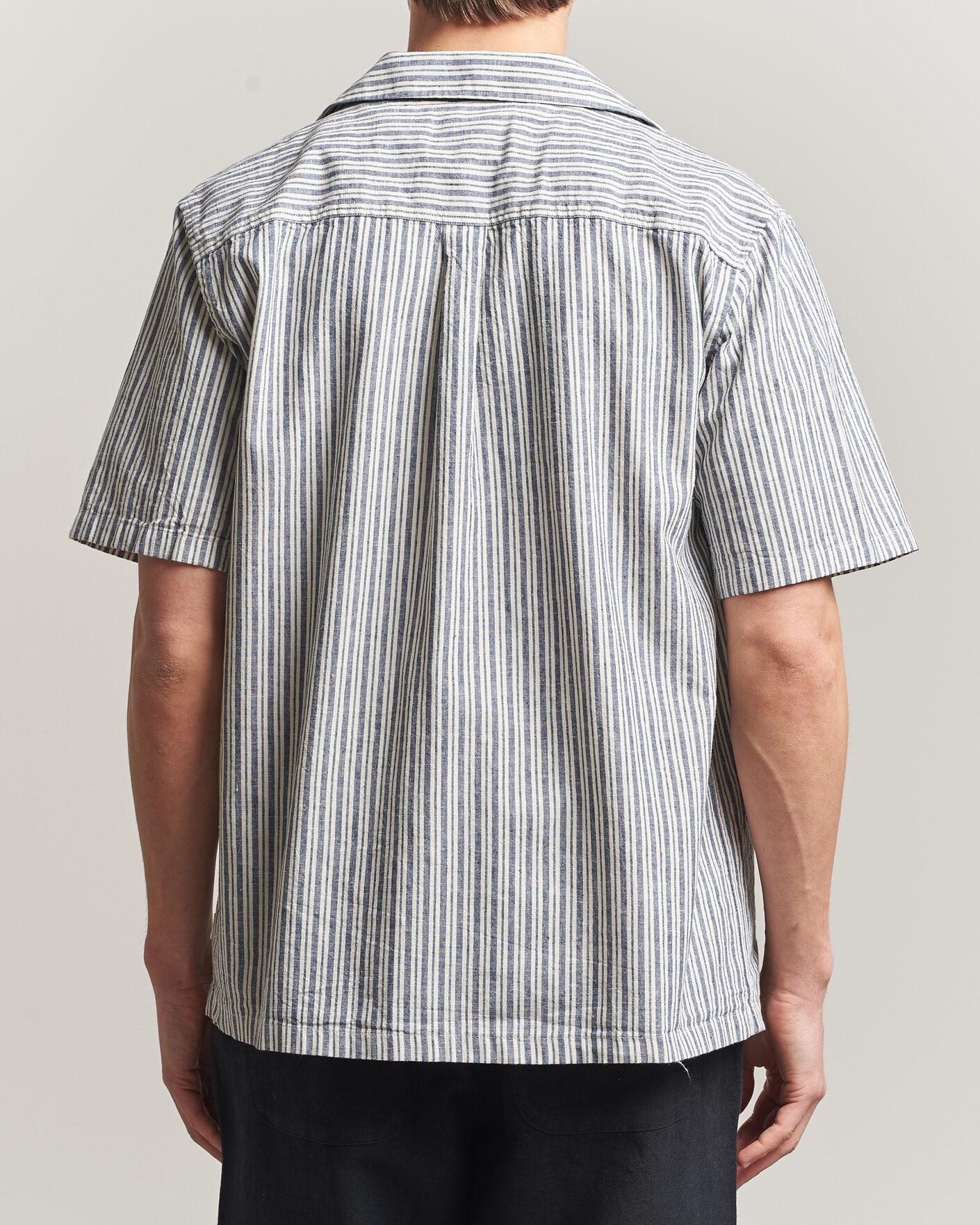 Homme | Chemises | LES DEUX | Stripe Cotton/Linen Short Sleeve Shirt Dark Blue