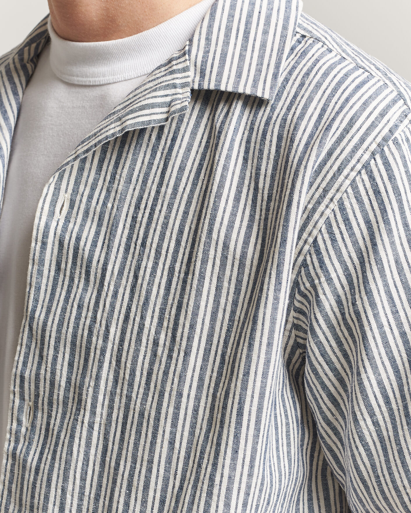 Homme | Chemises | LES DEUX | Stripe Cotton/Linen Short Sleeve Shirt Dark Blue
