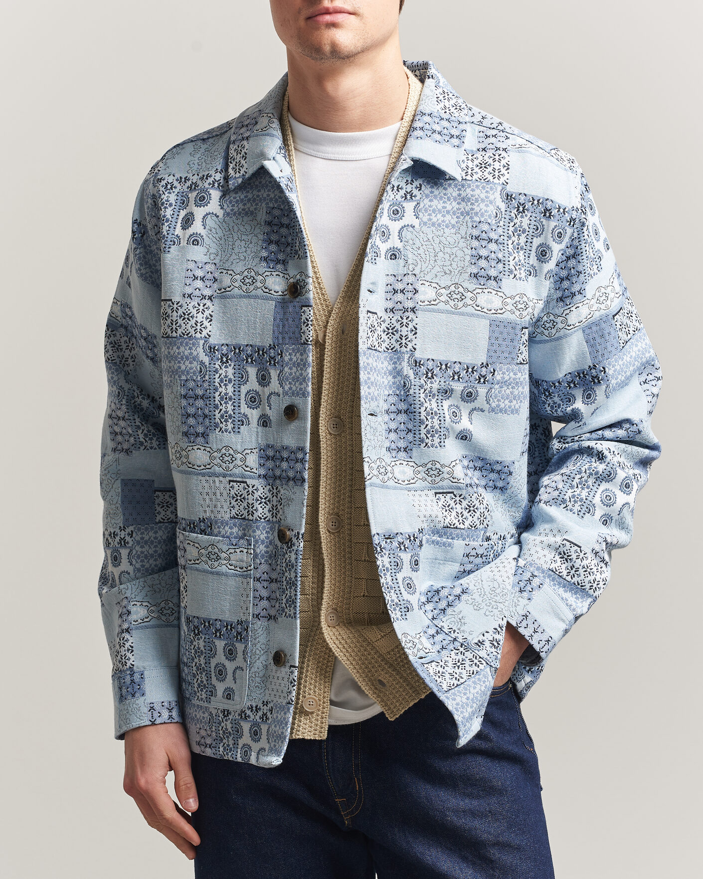 Homme | Chemises | LES DEUX | Patchwork Jacquard Overshirt Skyway Blue
