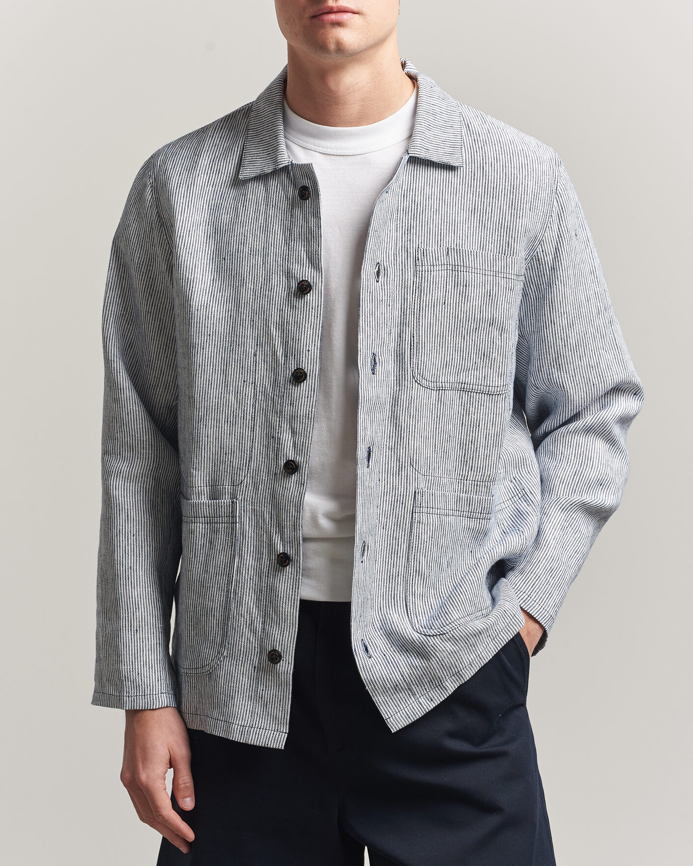 Homme | Chemises | Peregrine | Windsor Linen Shacket Navy Stripe