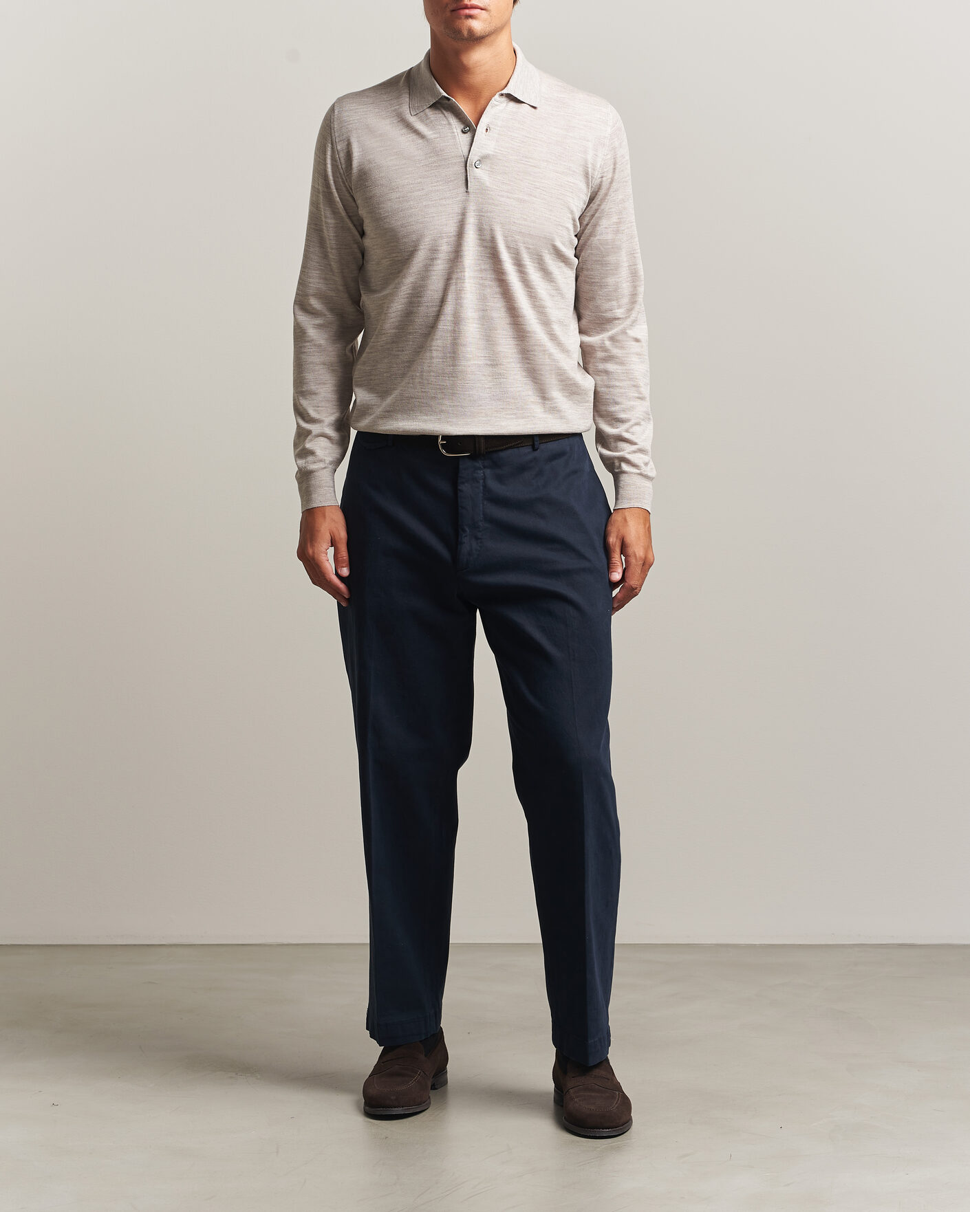 Homme | Pulls Et Tricots | Fedeli | 140s Fine Wool Long Sleeve Polo Beige Melange