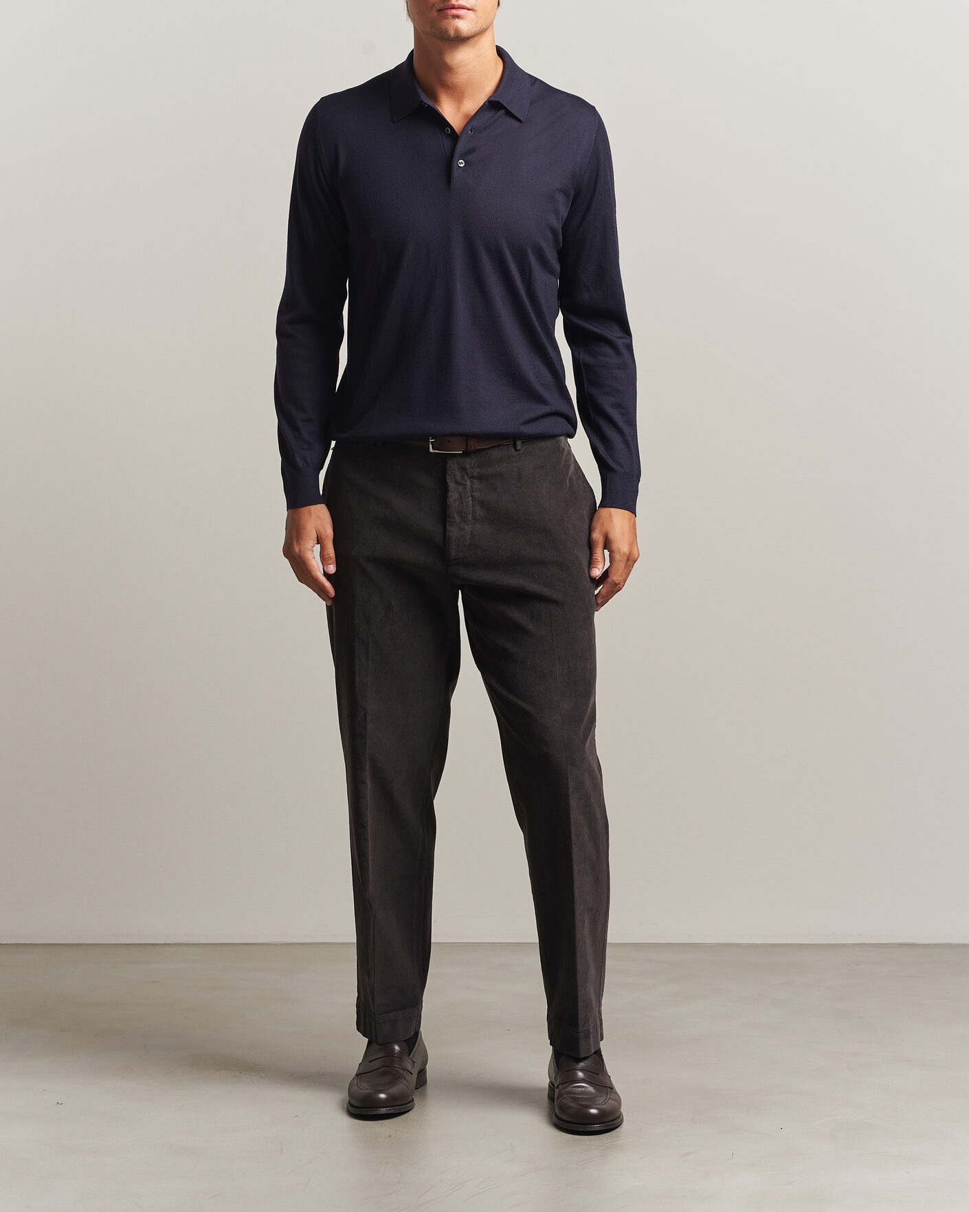 Homme | Pulls Et Tricots | Fedeli | 140s Fine Wool Long Sleeve Polo Navy