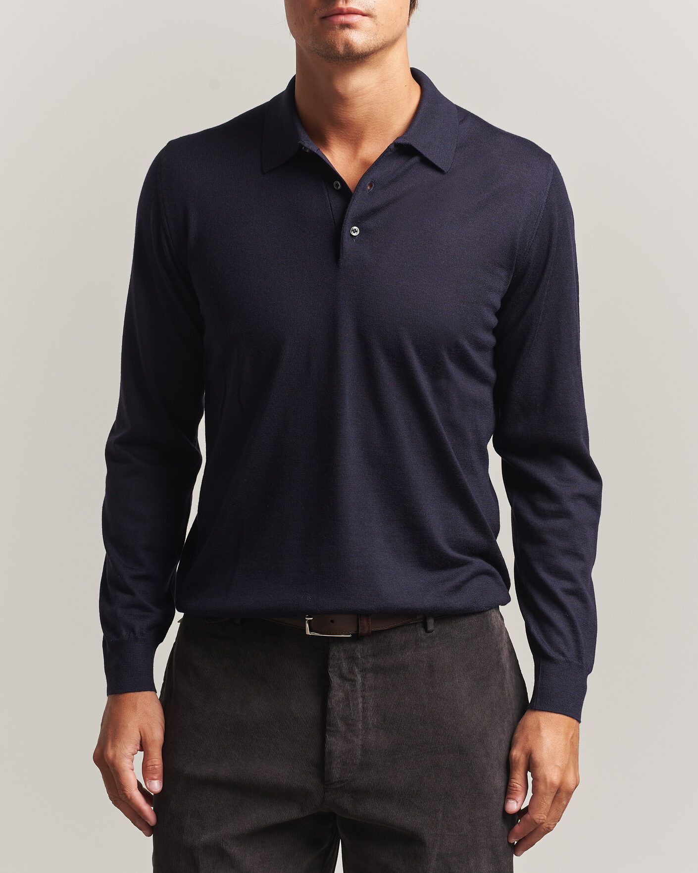 Homme | Pulls Et Tricots | Fedeli | 140s Fine Wool Long Sleeve Polo Navy