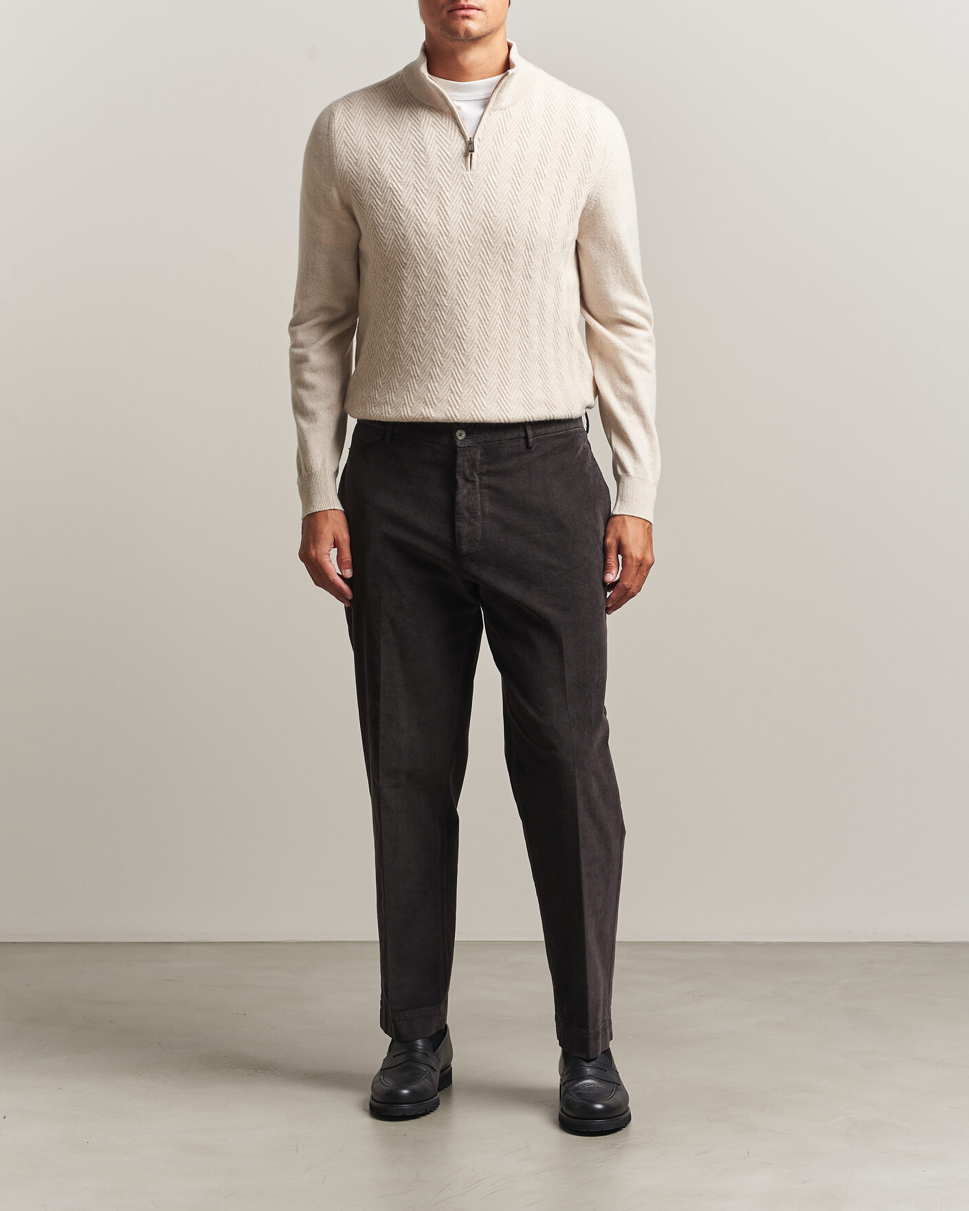 Homme | Pulls Et Tricots | Fedeli | Wool/Cashmere Chevron Half Zip Light Beige