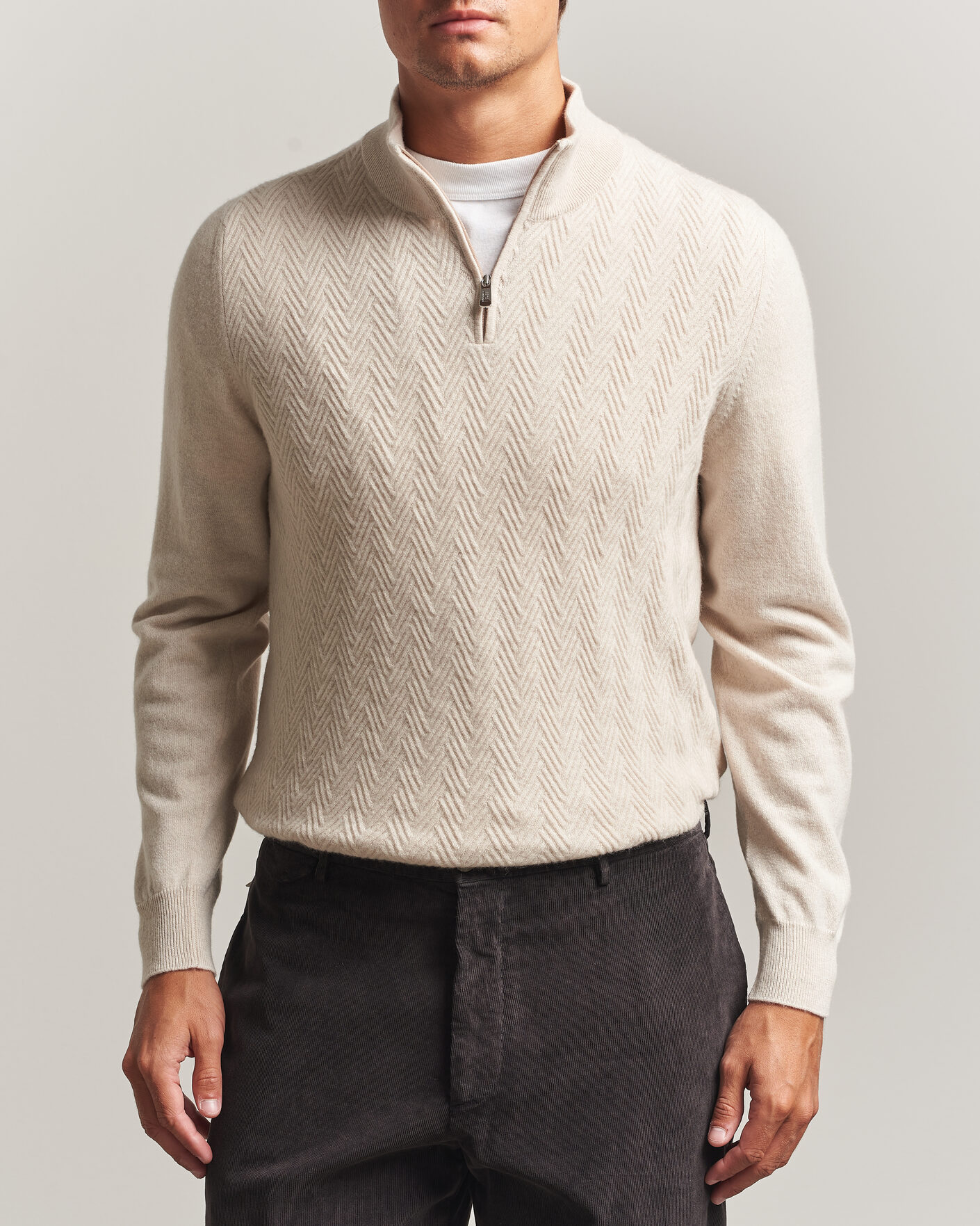 Homme | Pulls Et Tricots | Fedeli | Wool/Cashmere Chevron Half Zip Light Beige
