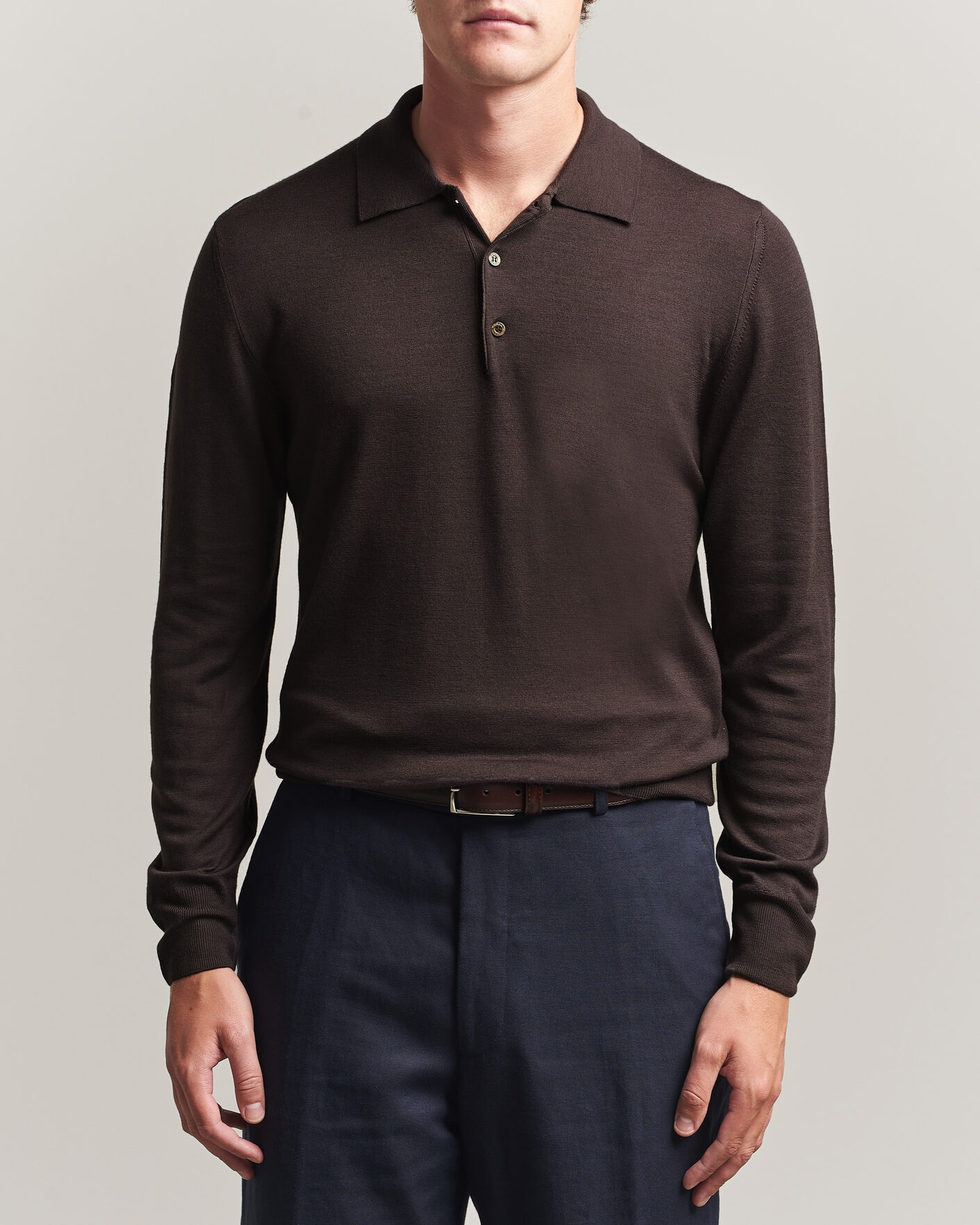 Homme | Pulls Et Tricots | Canali | Merino Wool Long Sleeve Polo Dark Brown