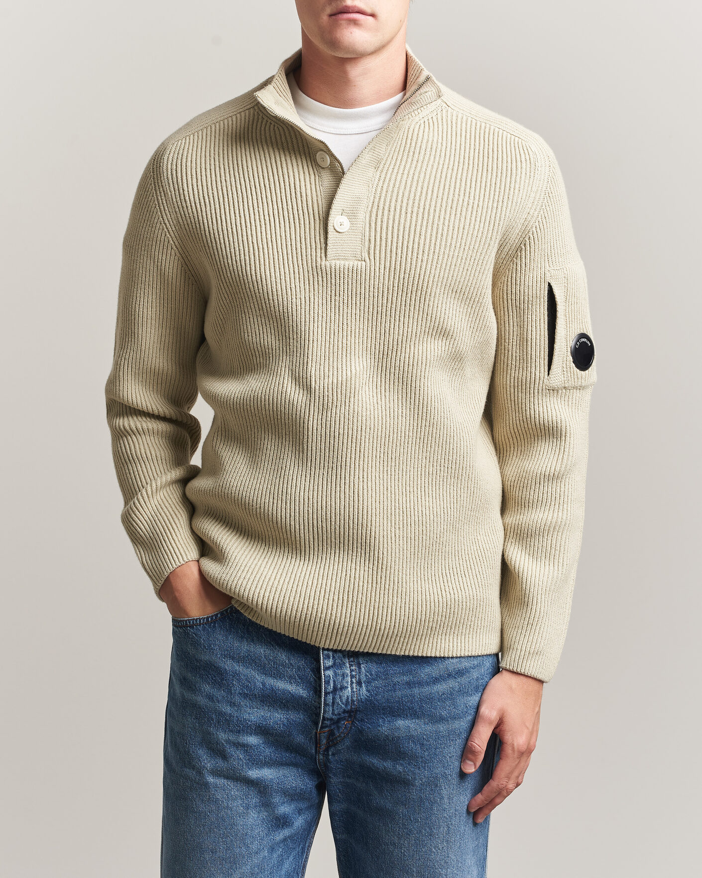 Homme | Pulls Et Tricots | C.P. Company | Full Rib Knitted Cotton Half Button Light Grey