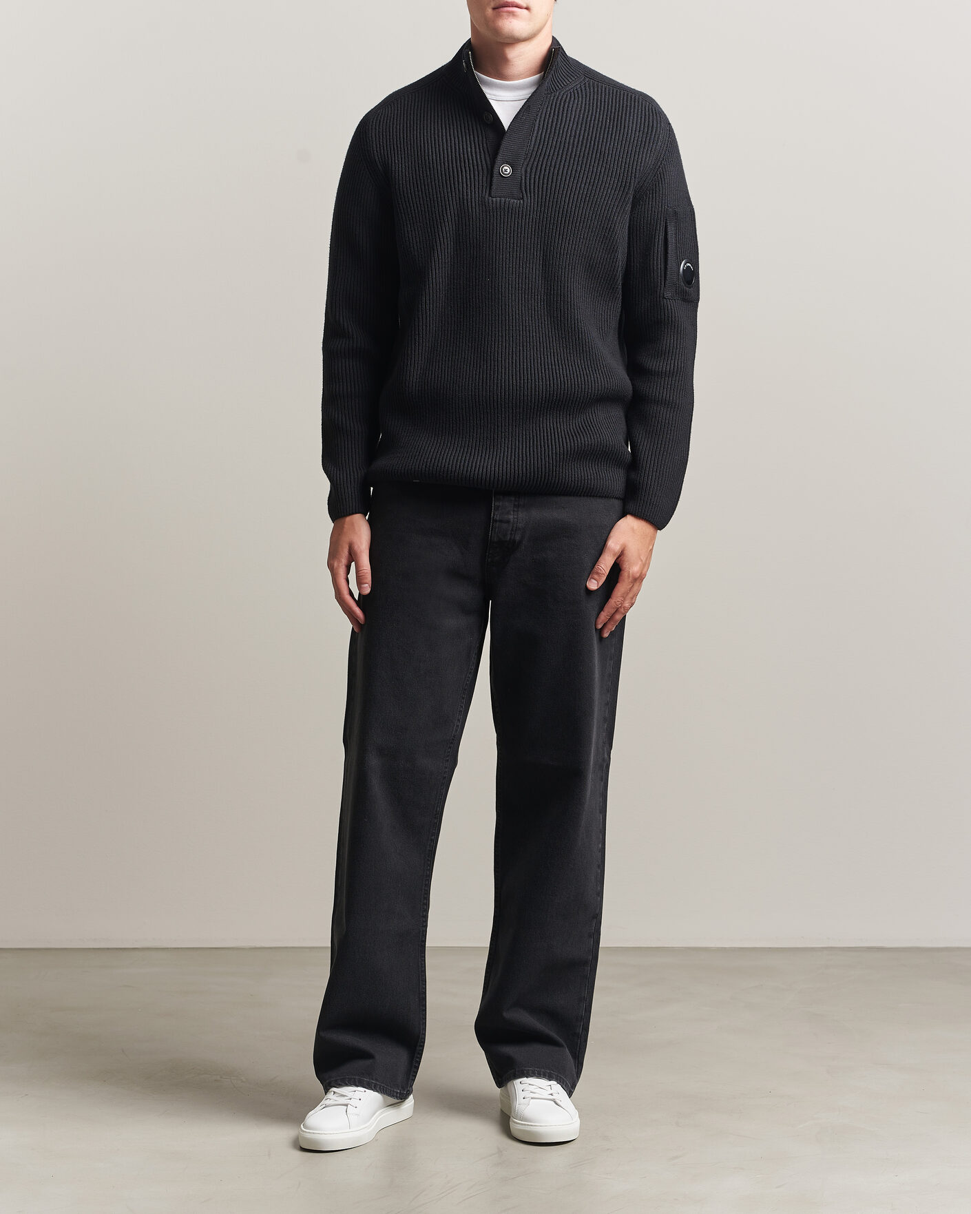 Homme | Pulls Et Tricots | C.P. Company | Full Rib Knitted Cotton Half Button Black
