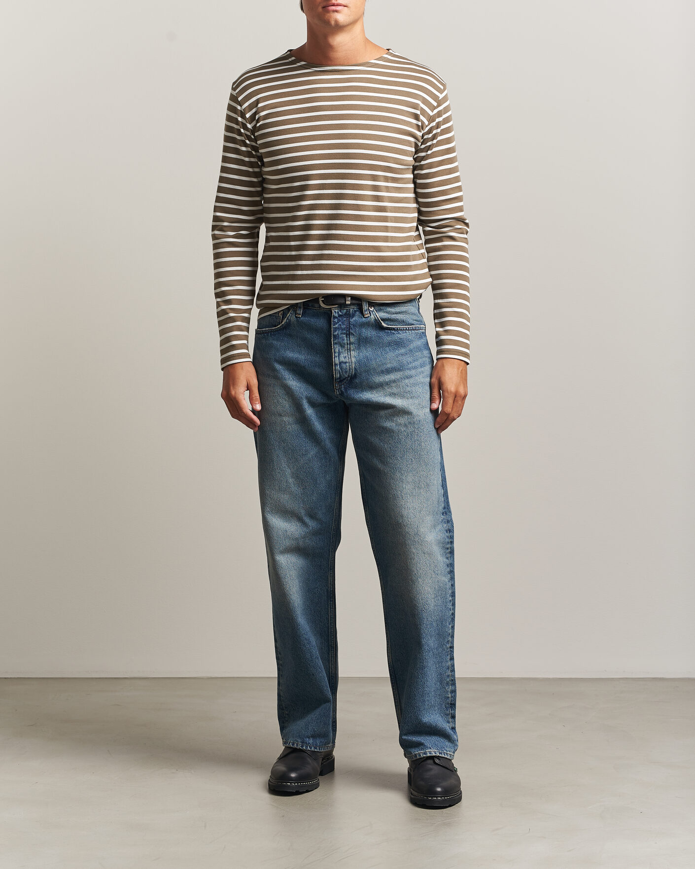 Homme | T-shirts | Armor-lux | Houat Héritage Stripe Long Sleeve T-Shirt Olive/Milk