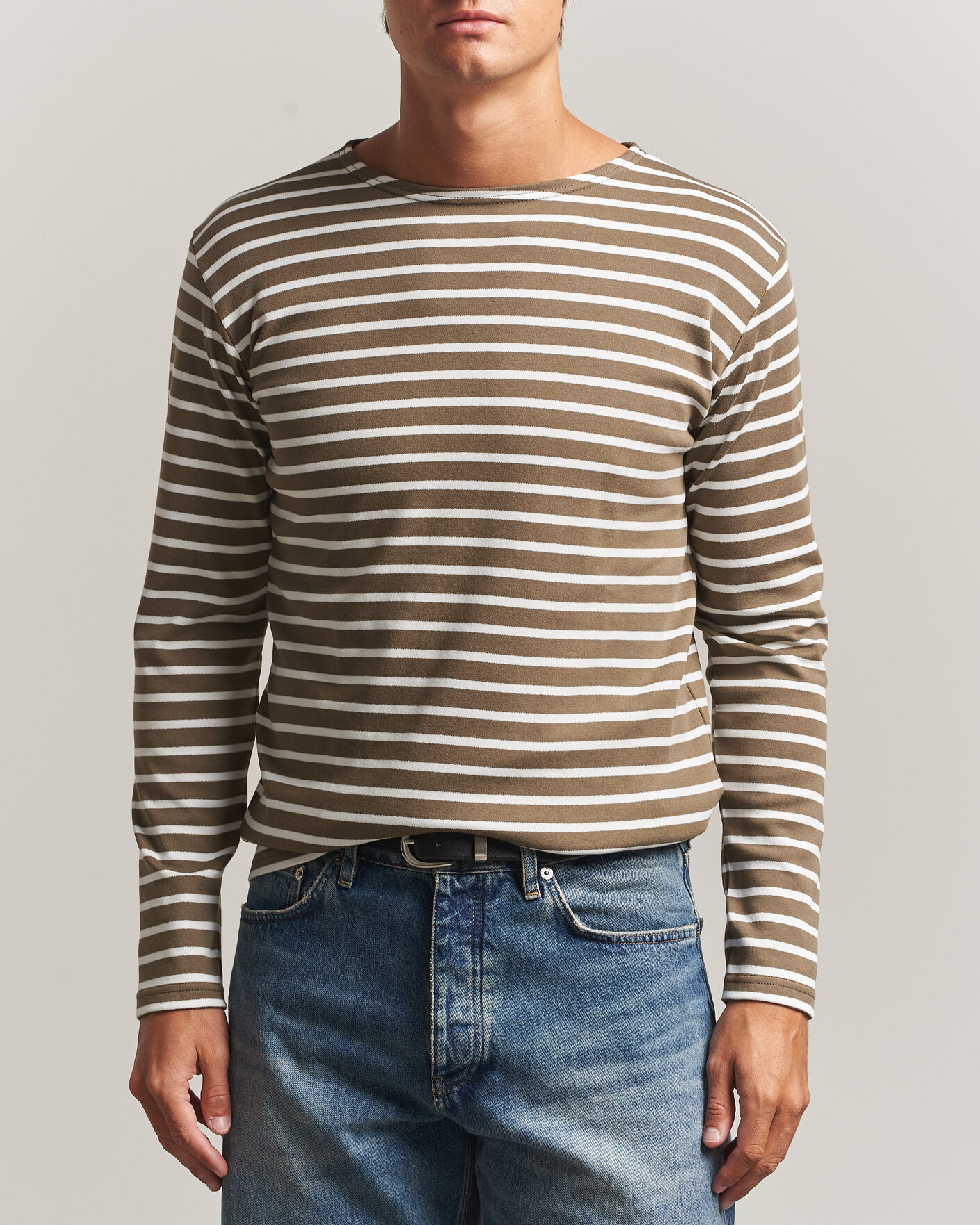 Homme | T-shirts | Armor-lux | Houat Héritage Stripe Long Sleeve T-Shirt Olive/Milk