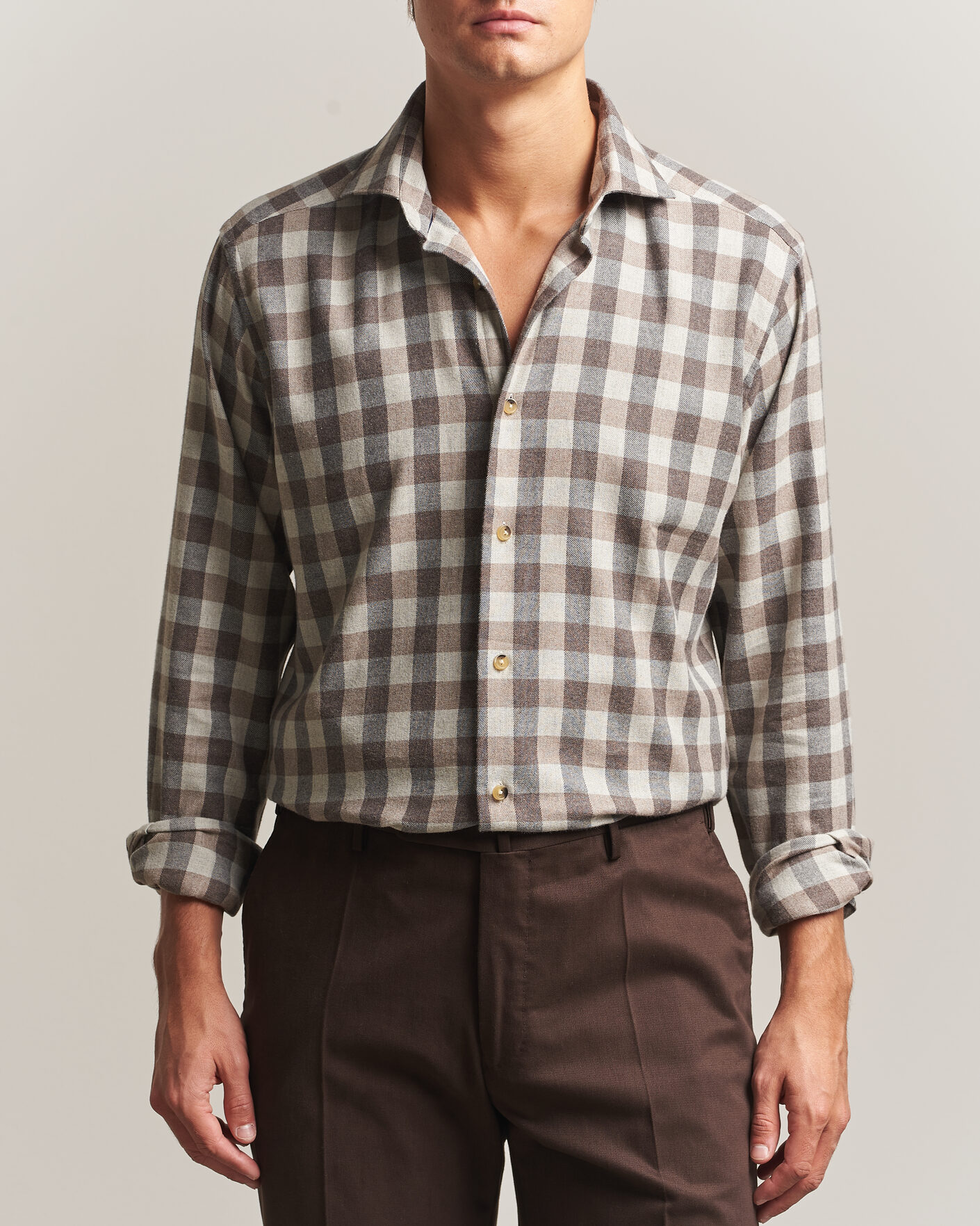 Homme | Chemises | Eton | Casual Fit Checked Flannel Shirt Beige