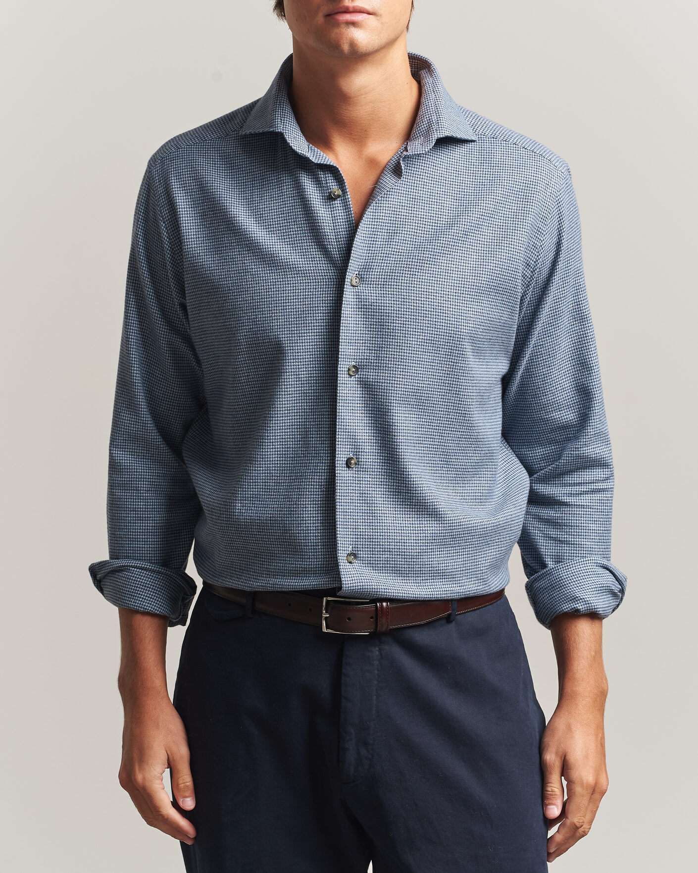 Homme | Chemises | Eton | Casual Fit Houndstooth Flannel Shirt Mid Blue