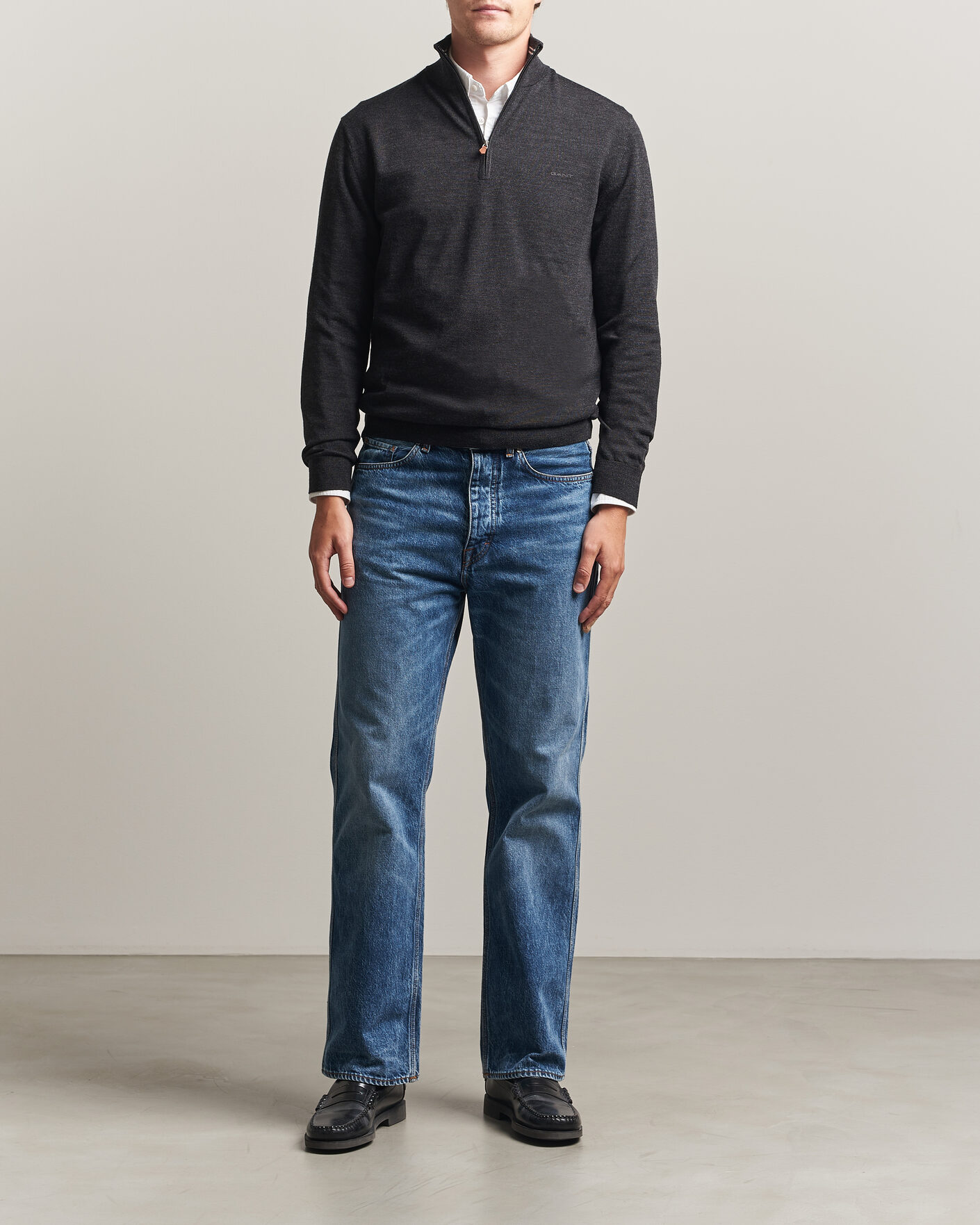 Homme | Pulls Et Tricots | Gant | Extrafine Merino Knitted Half Zip Dark Charcoal Melange