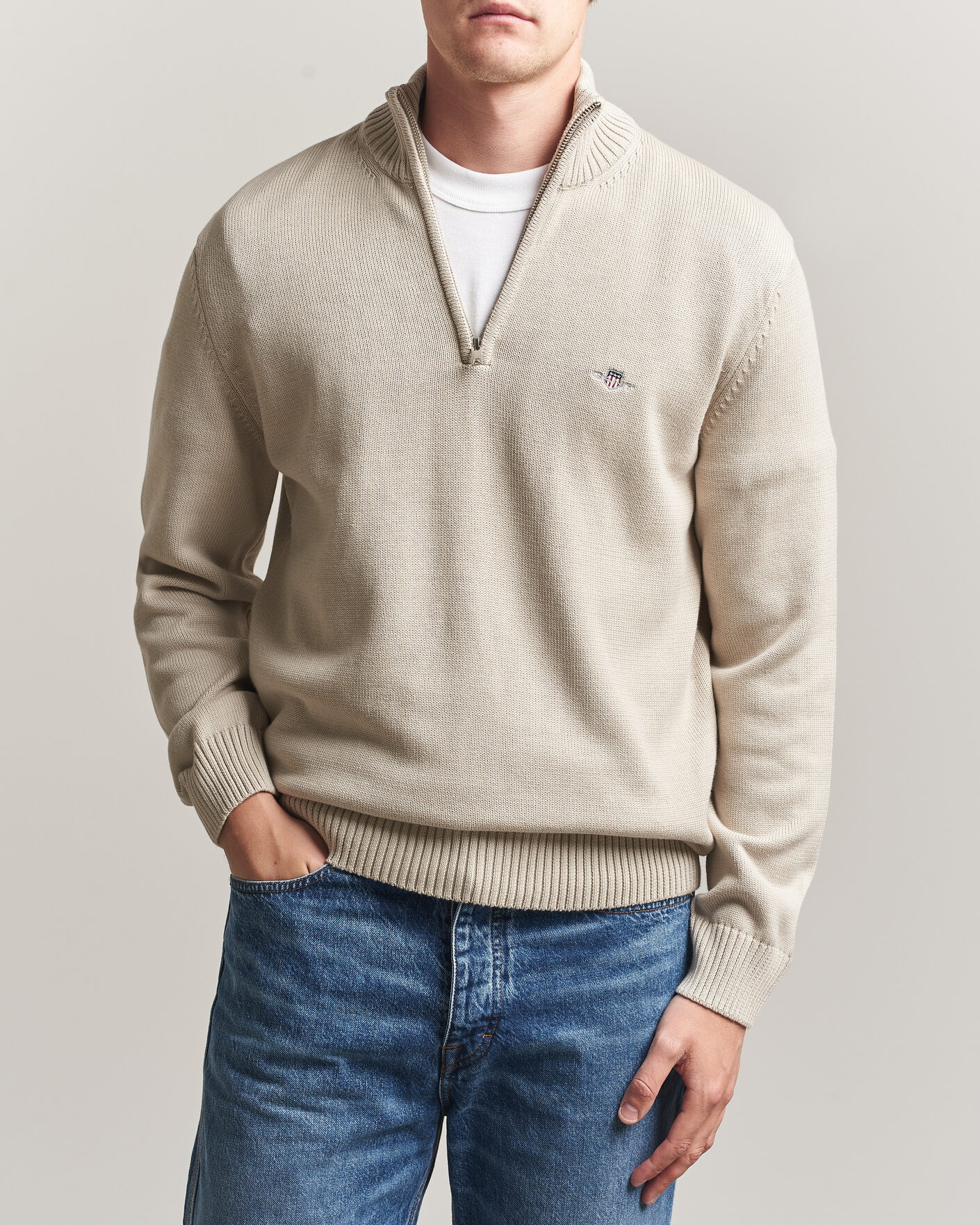 Homme | Pulls Et Tricots | Gant | Casual Cotton Knitted Half Zip Clay Beige