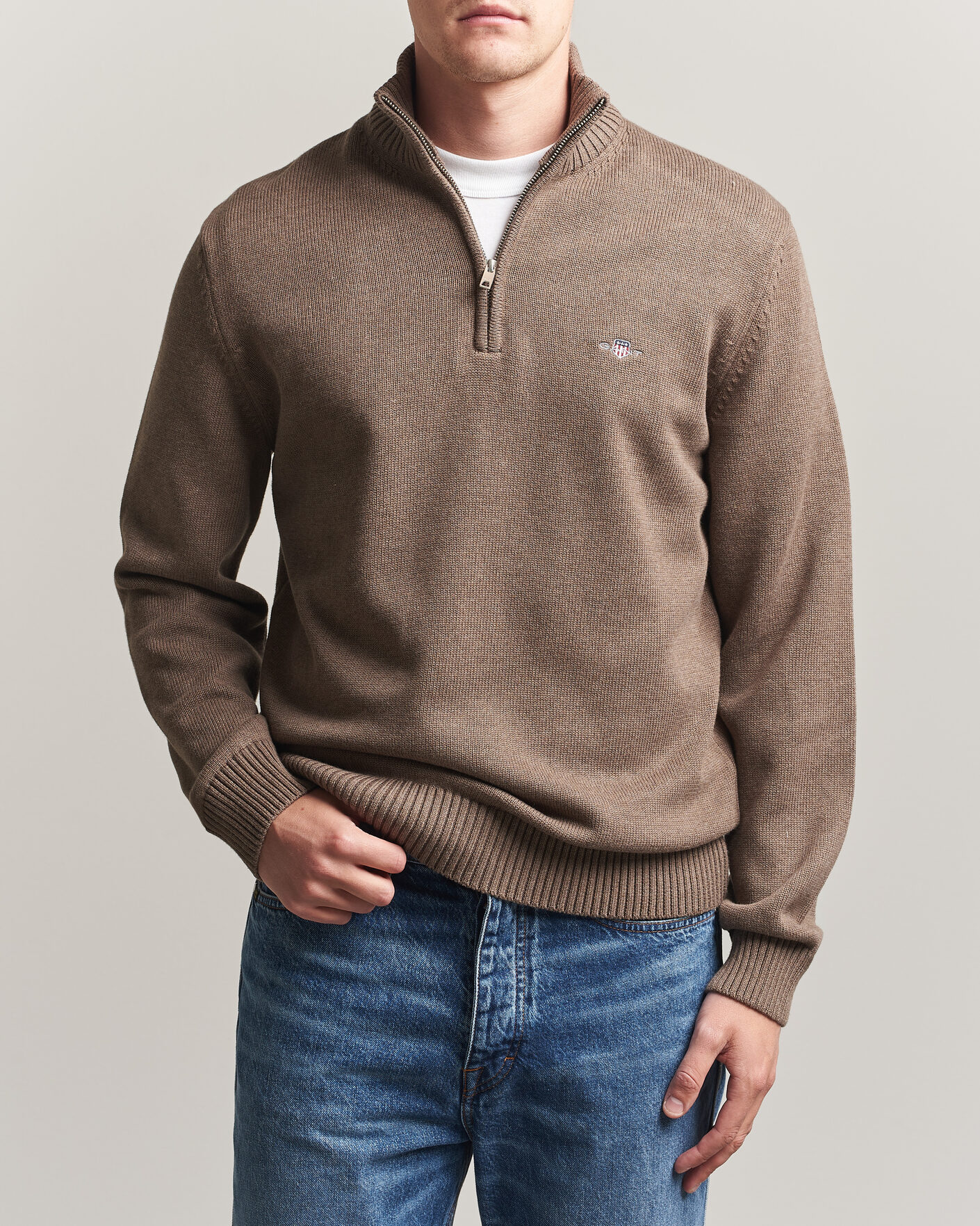 Homme | Pulls Et Tricots | Gant | Casual Cotton Knitted Half Zip Dark Hazelnut Melange