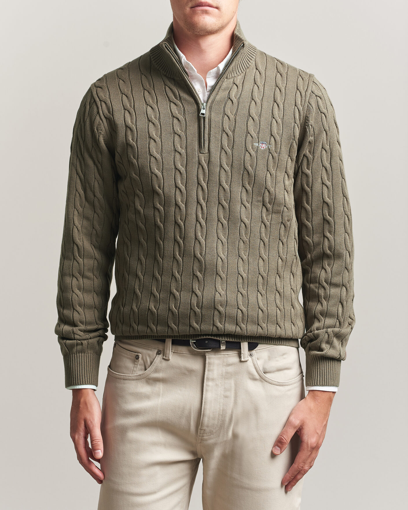 Homme | Pulls Et Tricots | Gant | Cotton Cable Half Zip Faded Taupe