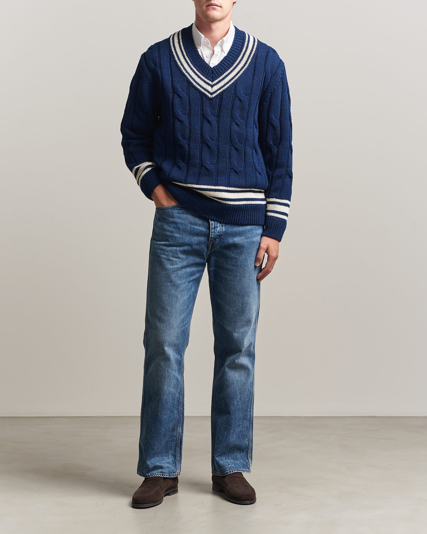 Homme | Pulls Et Tricots | Gant | Mercerized Cotton Knitted Cable V-Neck Persian Blue