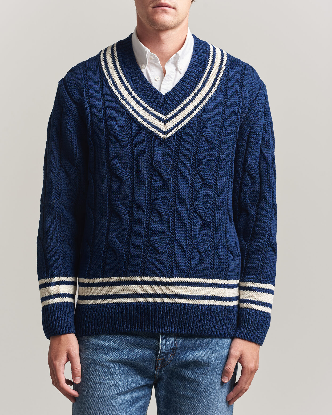 Homme | Pulls Et Tricots | Gant | Mercerized Cotton Knitted Cable V-Neck Persian Blue