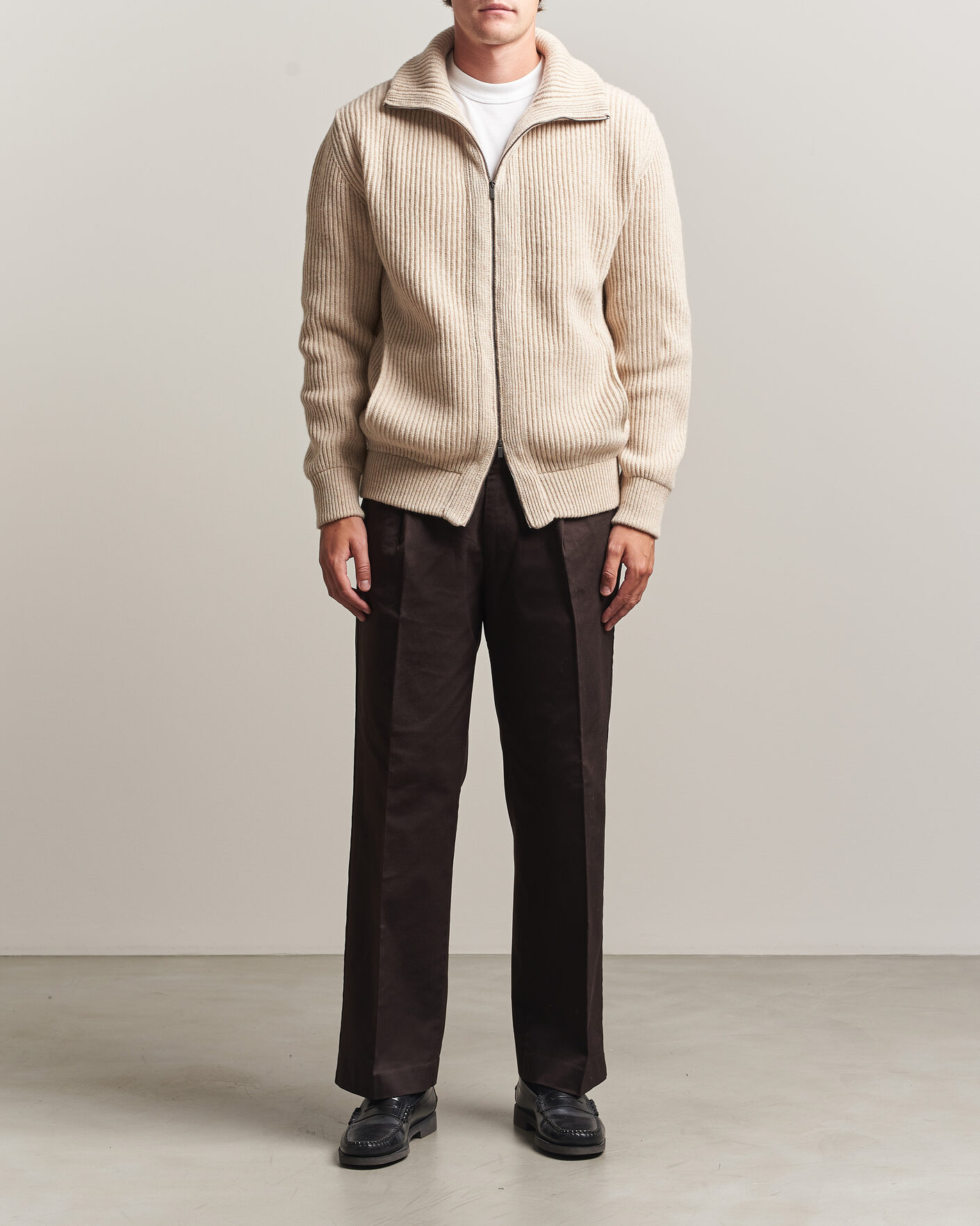 Homme | Pulls Et Tricots | Altea | Rib Wool Bomber Cardigan Beige