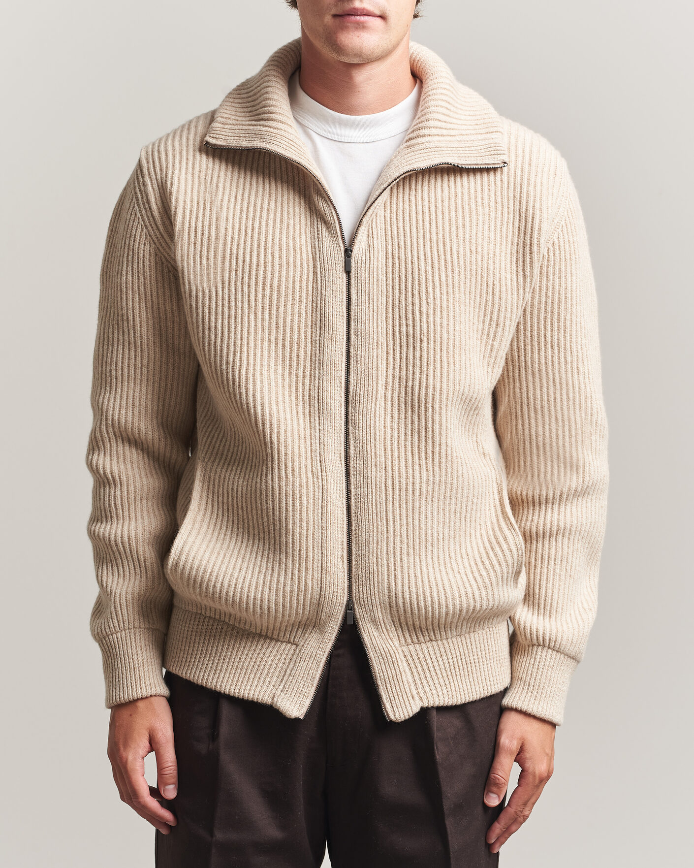 Homme | Pulls Et Tricots | Altea | Rib Wool Bomber Cardigan Beige