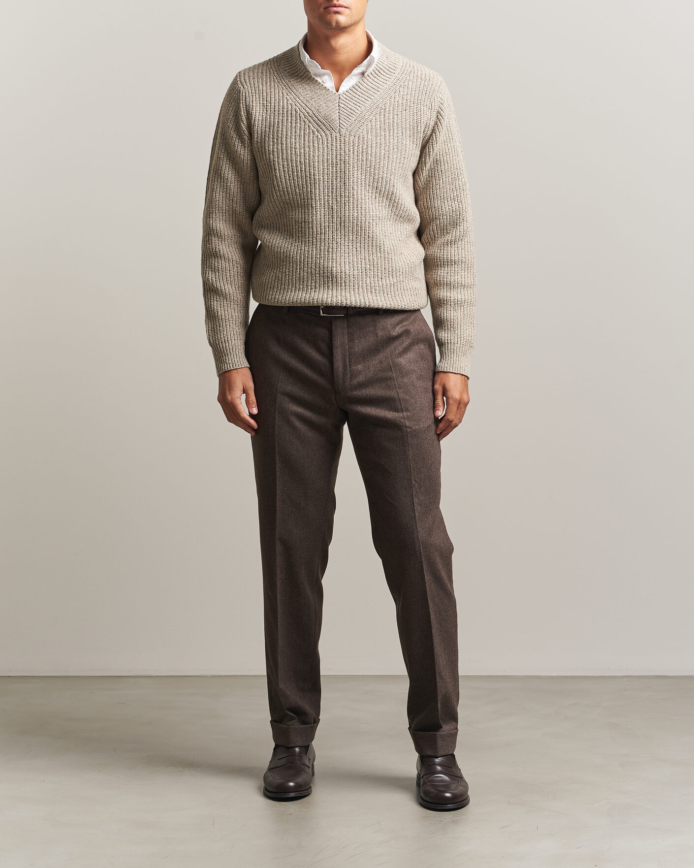 Homme | Pulls Et Tricots | Morgano | Fisherman Ribb Donegal Knitted V-Neck Beige