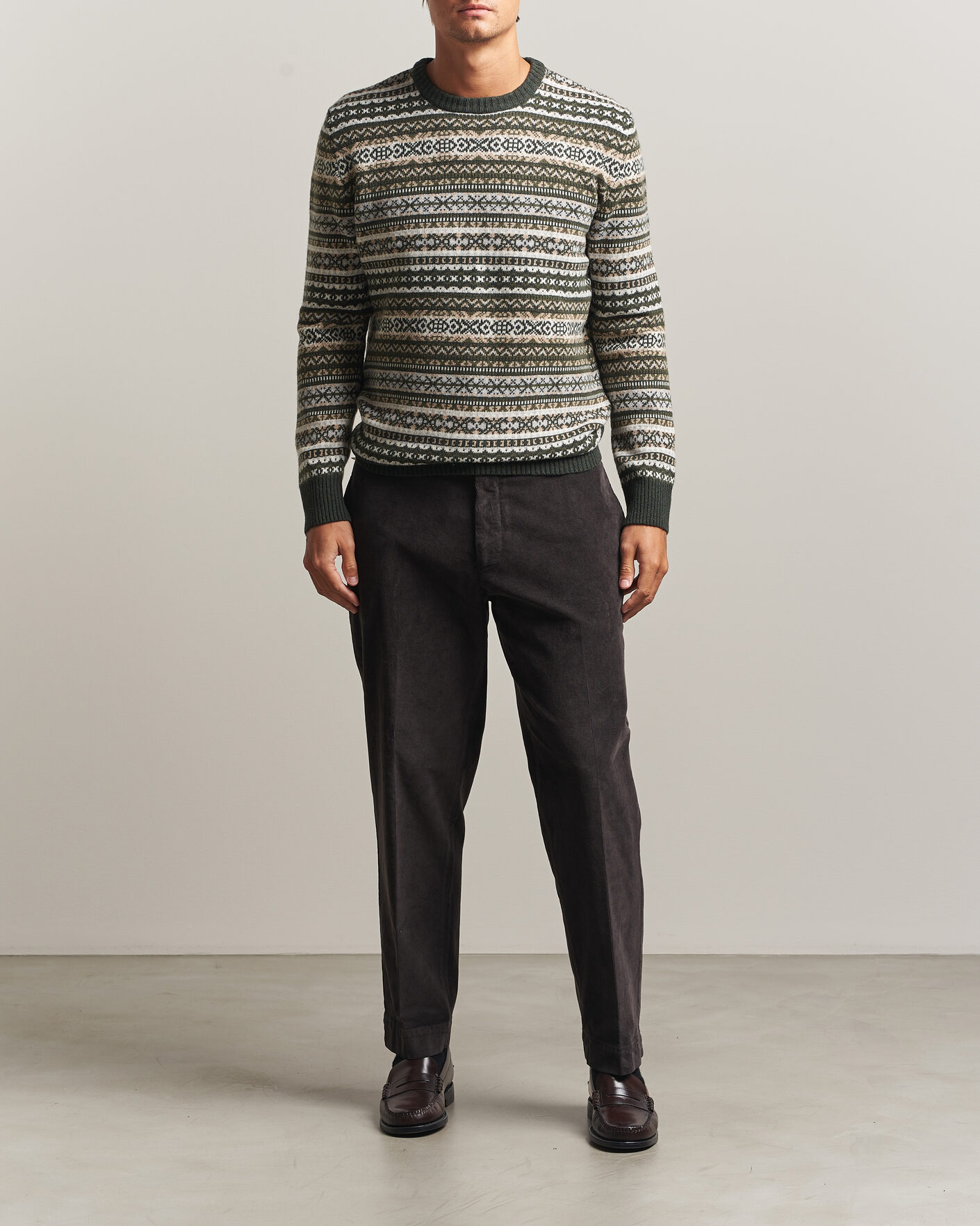 Homme | Pulls Et Tricots | Morgano | Wool/Cashmere Fair Isle Knitted Crewneck Green