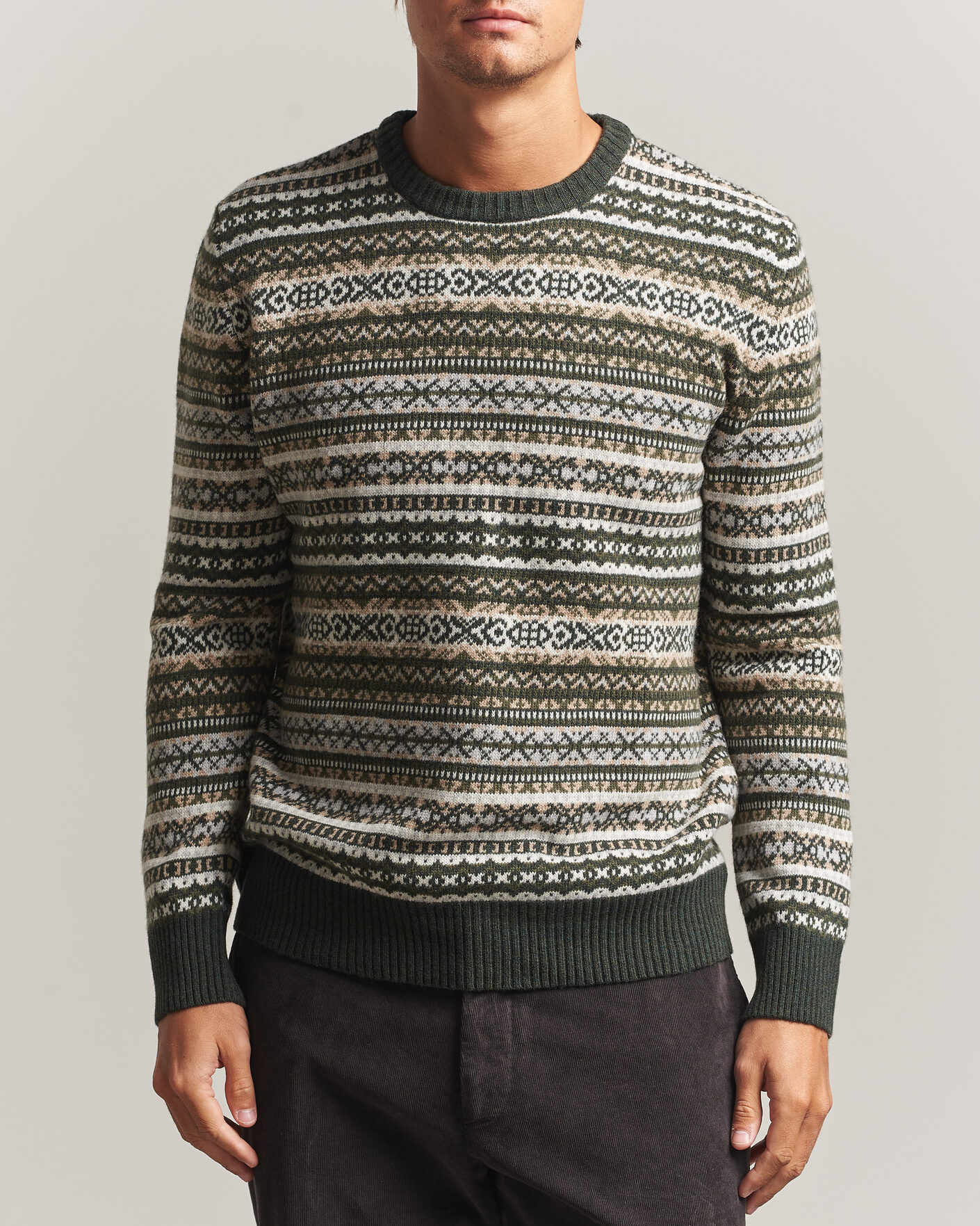 Homme | Pulls Et Tricots | Morgano | Wool/Cashmere Fair Isle Knitted Crewneck Green