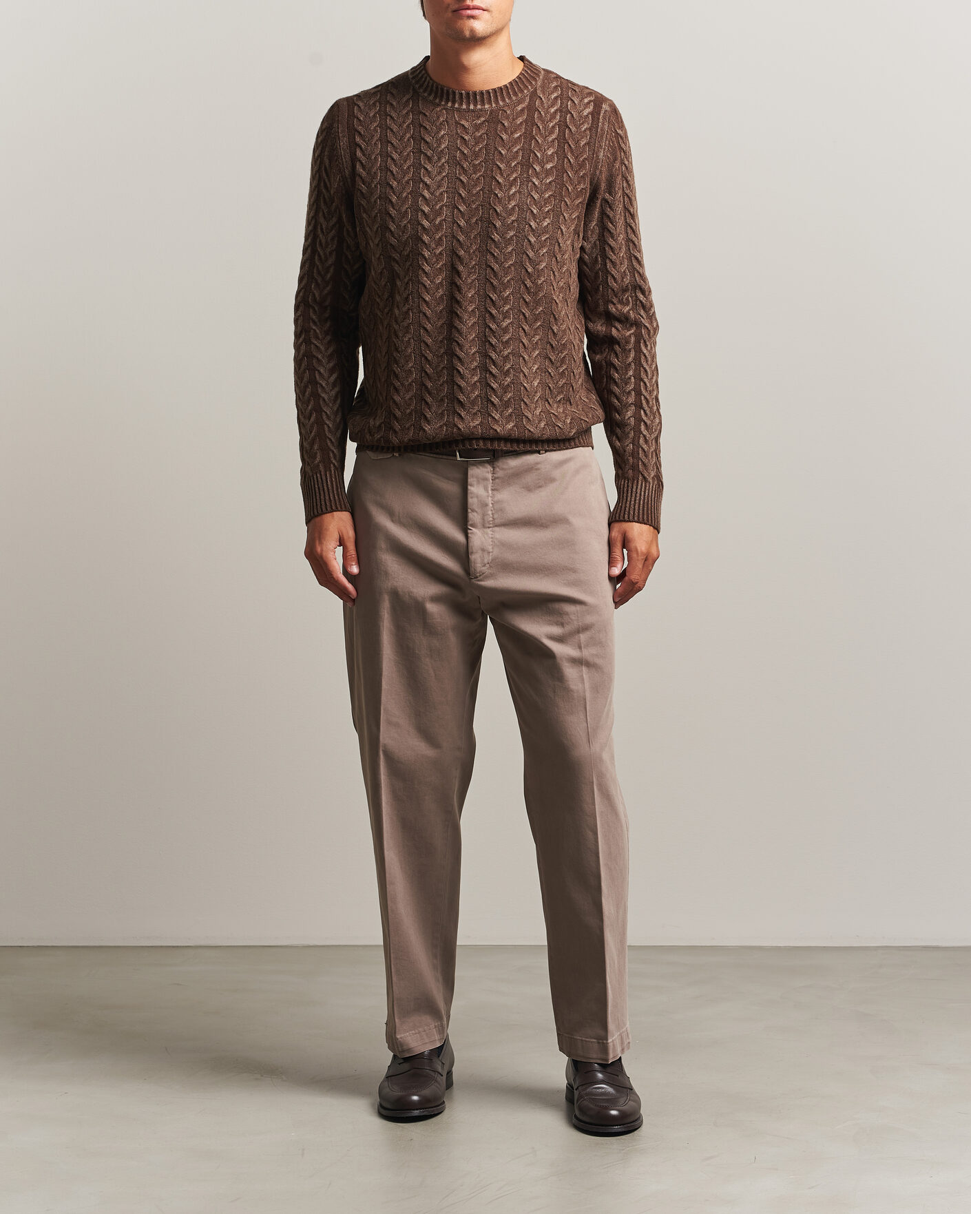Homme | Pulls Et Tricots | Morgano | Cable Knitted Brushed Dyed Wool Crew Brown