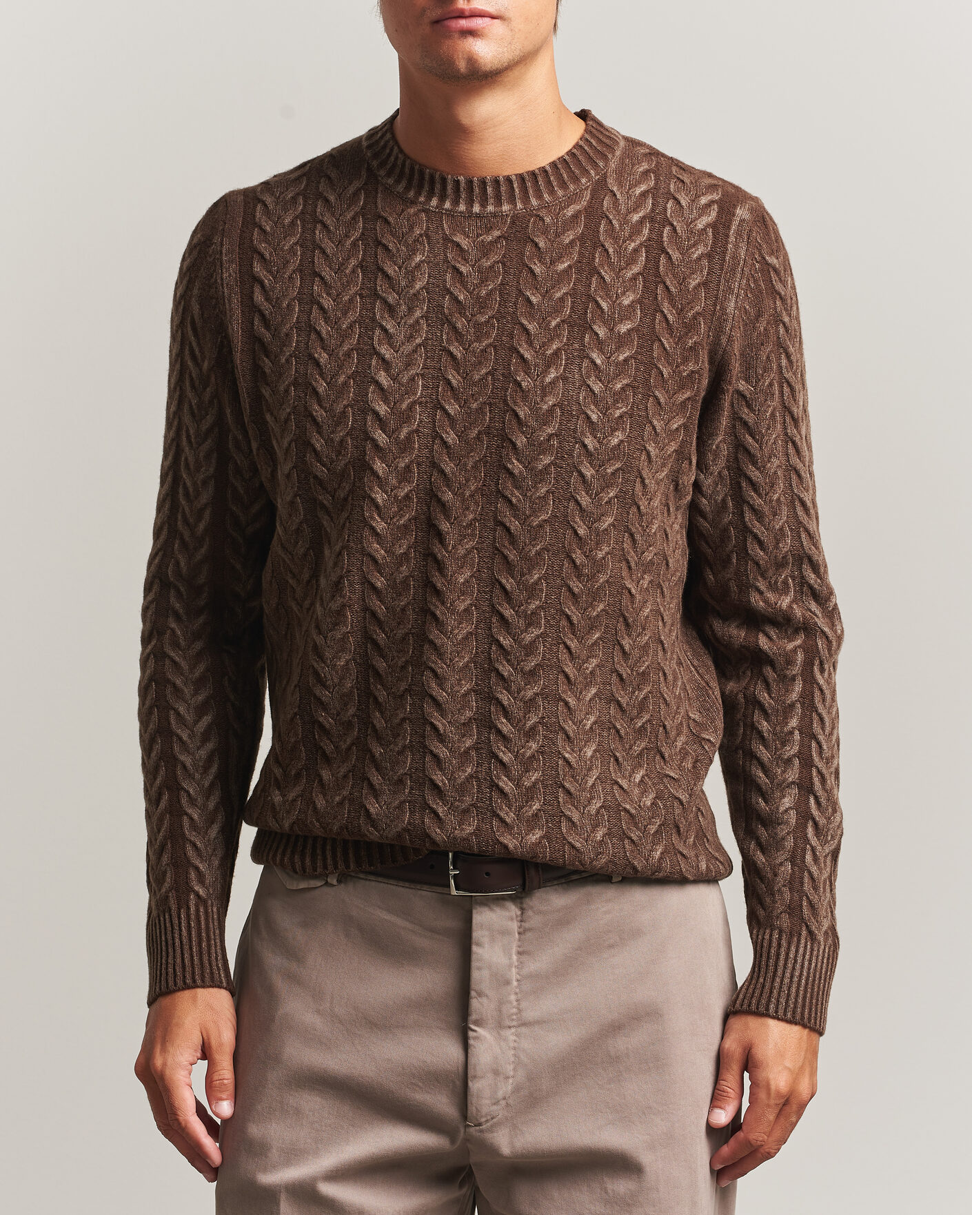 Homme | Pulls Et Tricots | Morgano | Cable Knitted Brushed Dyed Wool Crew Brown