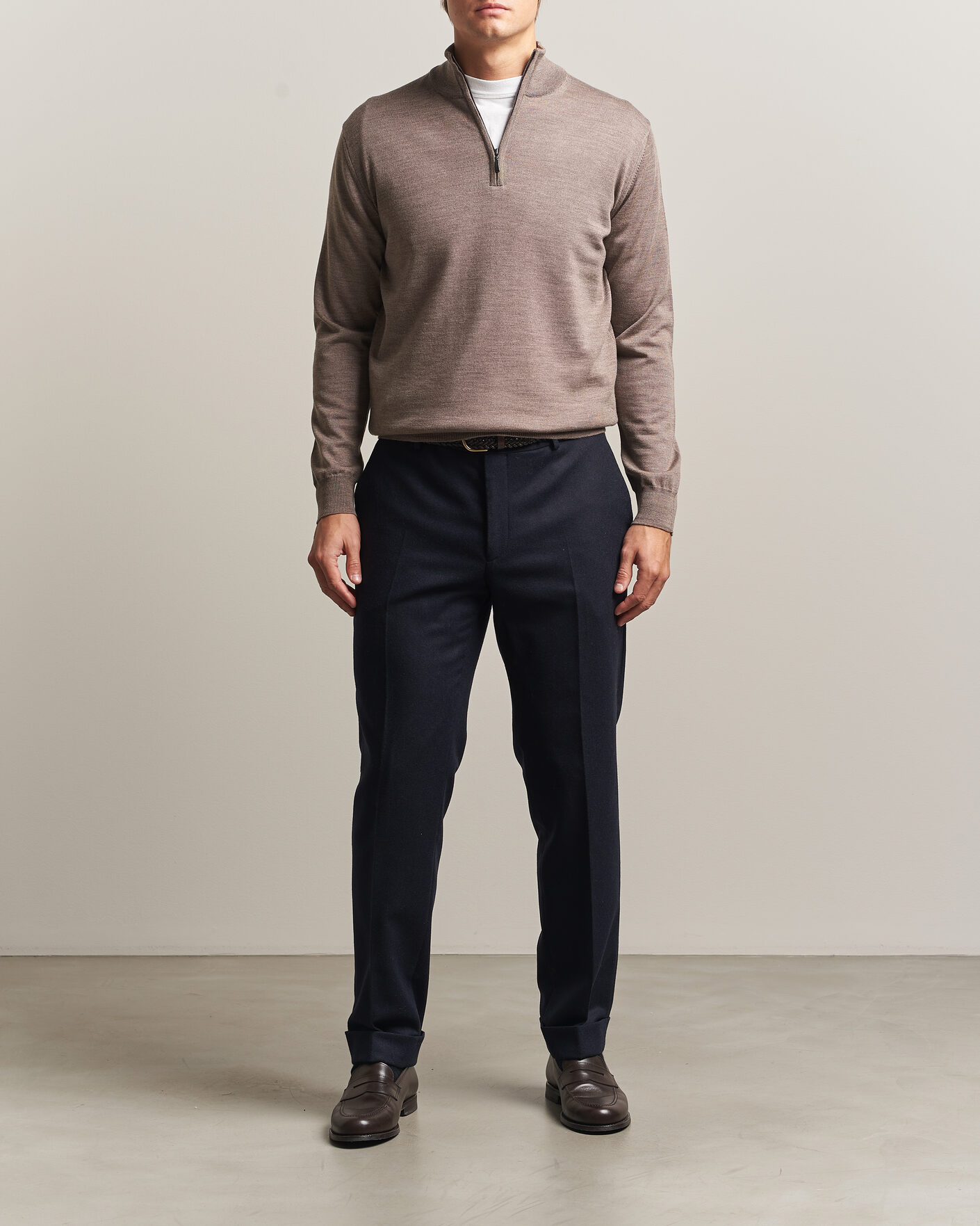 Homme | Pulls Et Tricots | Morgano | Extra Fine Merino Wool Half-Zip Mid Brown