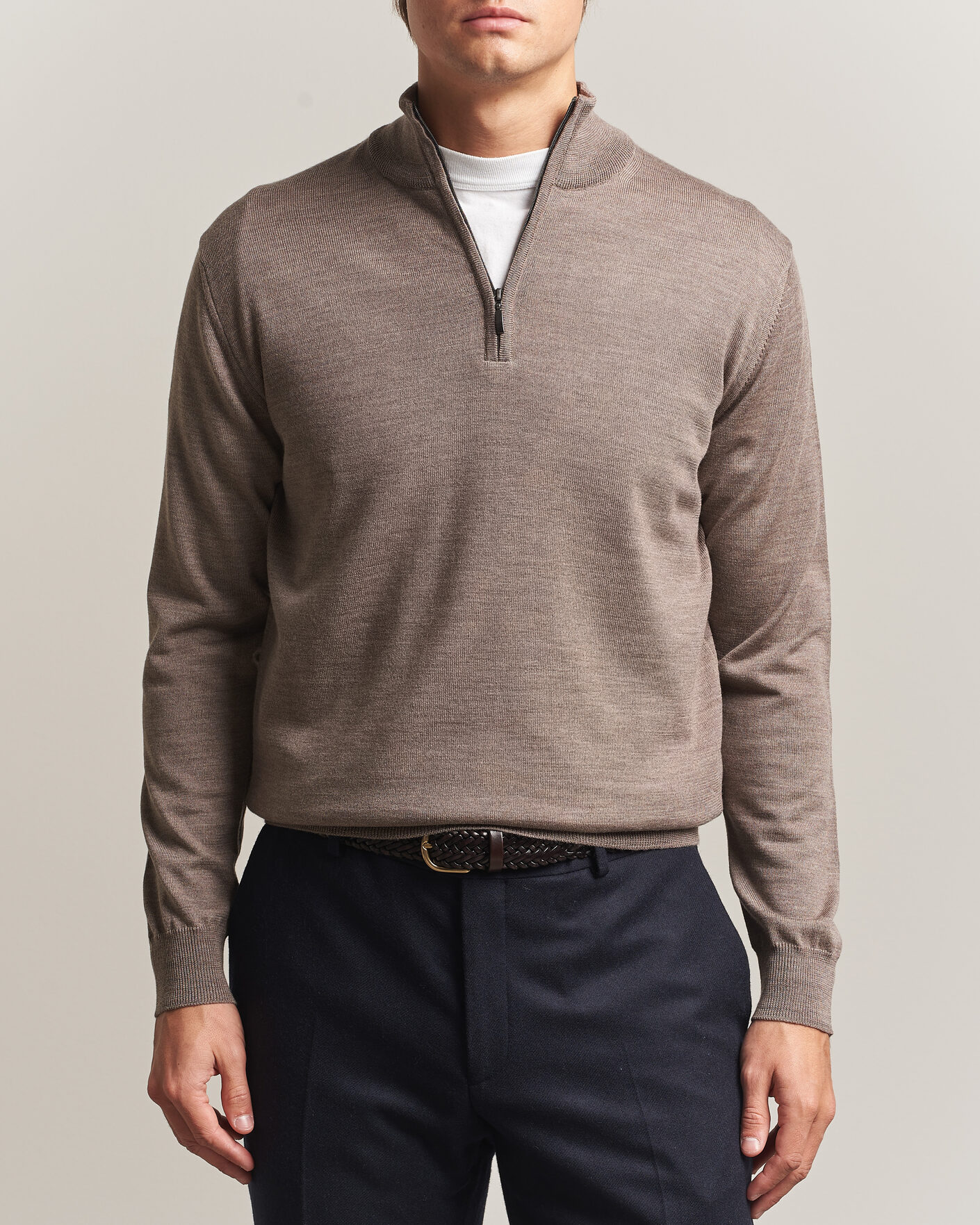 Homme | Pulls Et Tricots | Morgano | Extra Fine Merino Wool Half-Zip Mid Brown